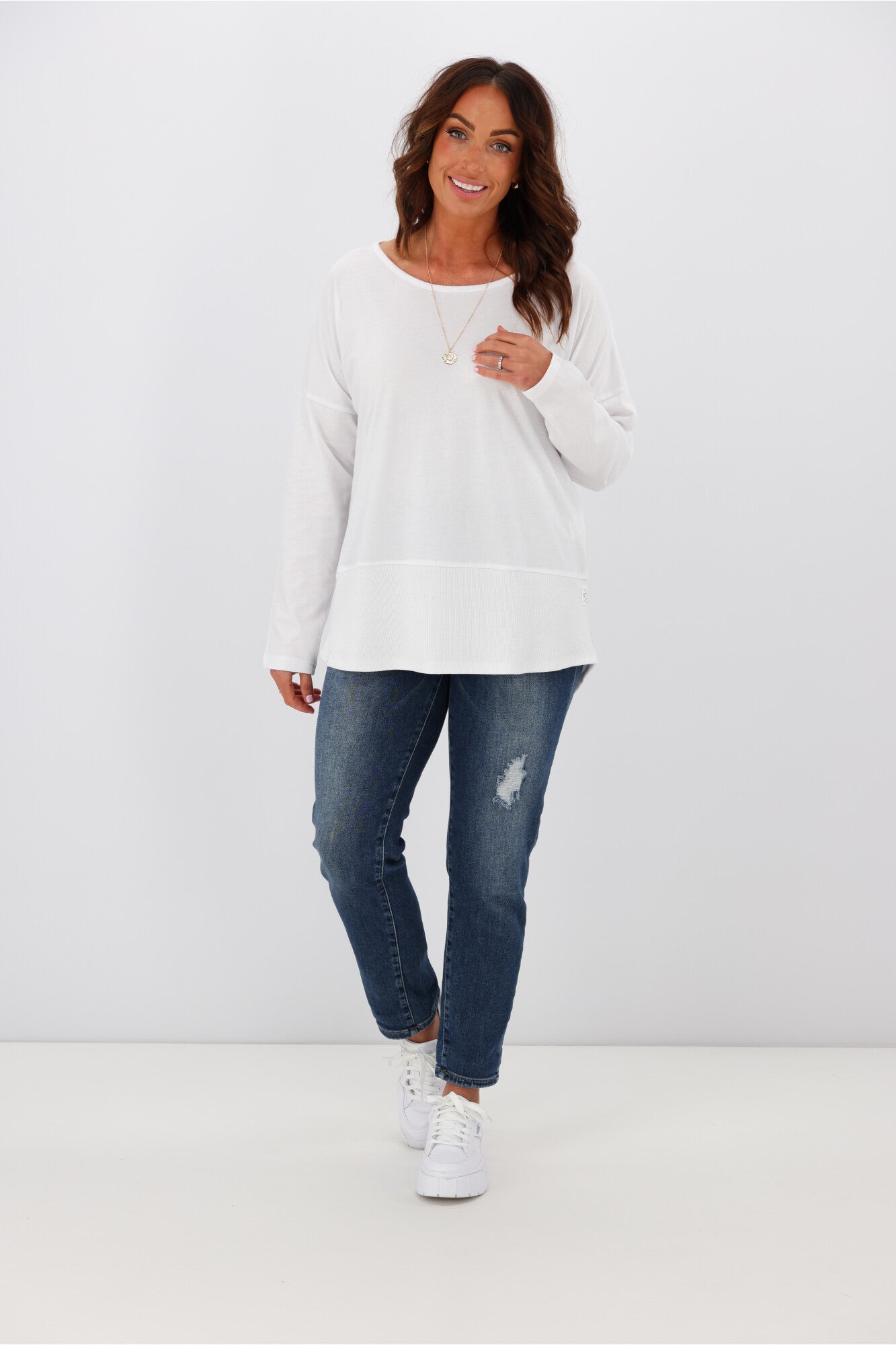 Elm Fundamental Rib Long Sleeve T-Shirt for Women - Soft & Comfortable White Cotton Top for Casual Wear, Layering & Everyday Outfits