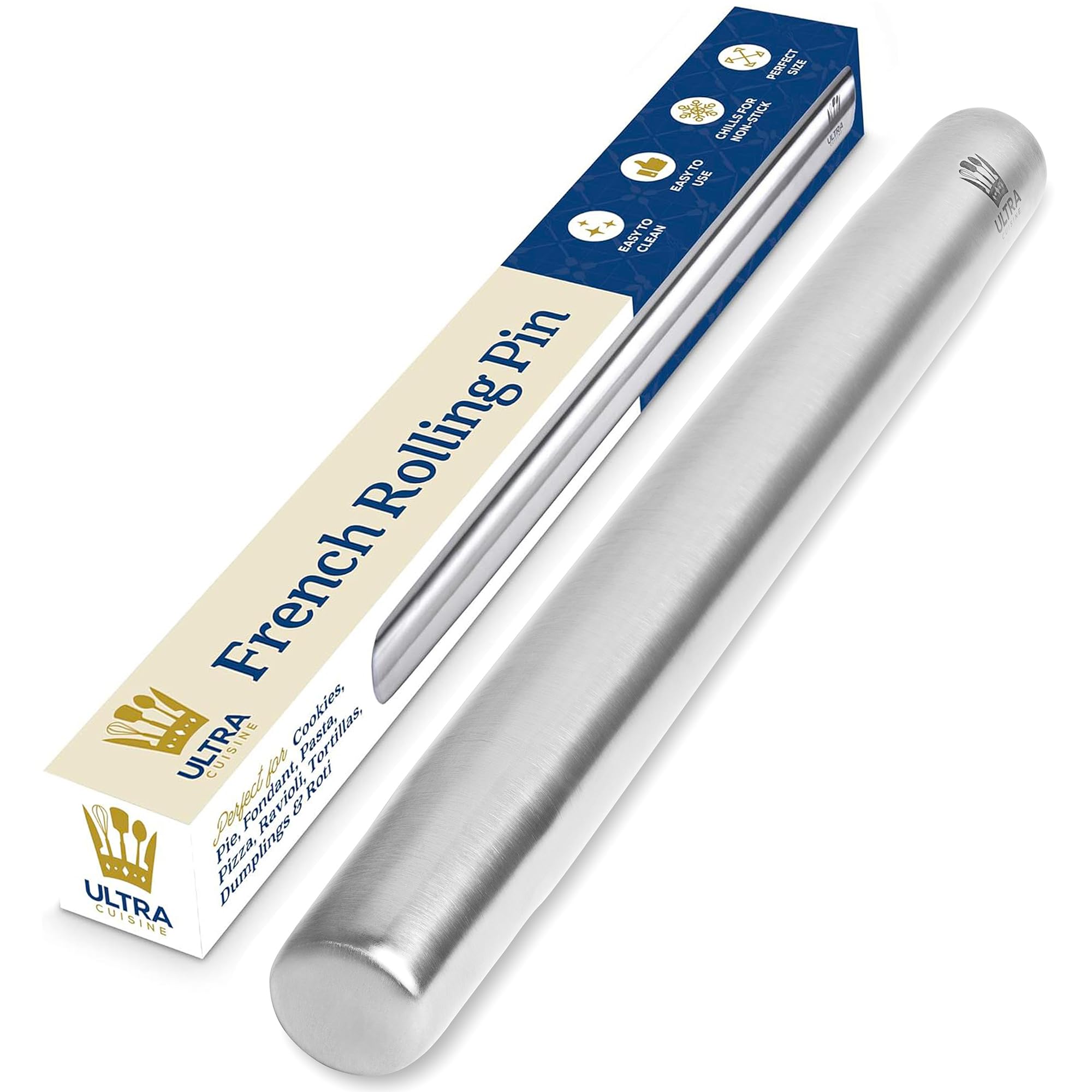 Professional Stainless Steel Rolling Pin - Ultra Smooth Surface & Tapered Design for Chocolate, Pie Crust, Cookies & Pastry - Perfect for Home Baking & Professional Kitchens