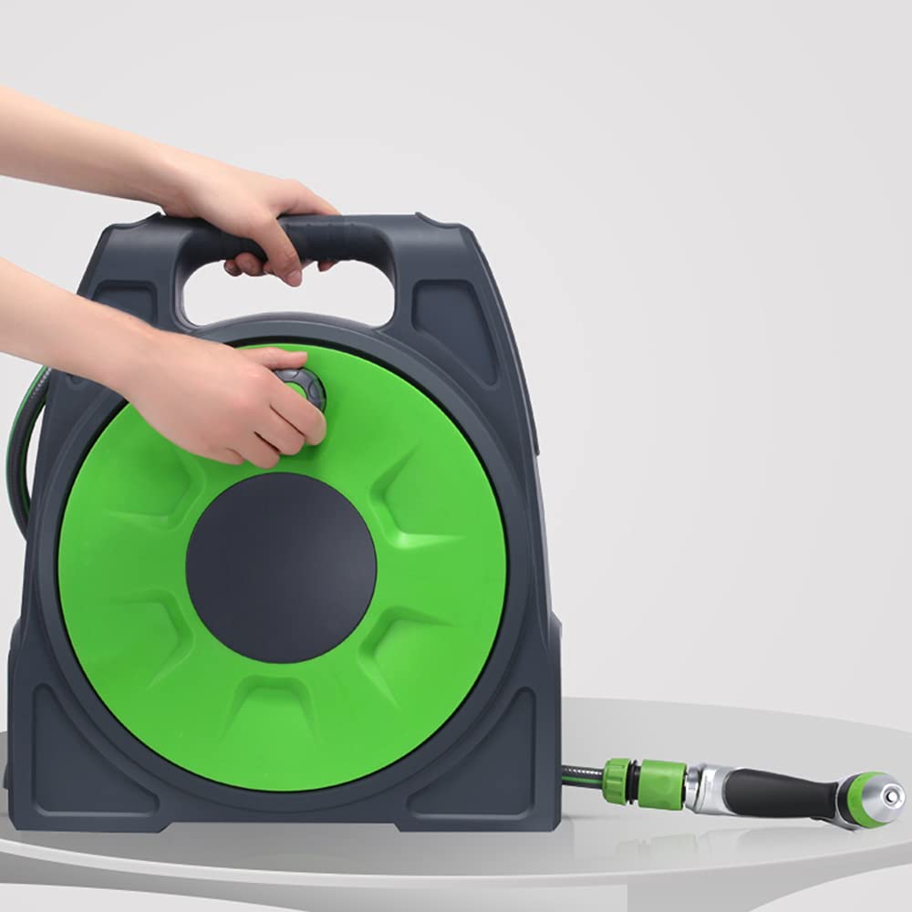 Retractable Garden Hose Reel - Portable Water Hose Holder with Spray Nozzle & Standard Connector, Lightweight Plastic Foam Pot for Easy Storage - Ideal for Lawn, Garden, Car Washing and Outdoor Watering (Various Lengths Available)