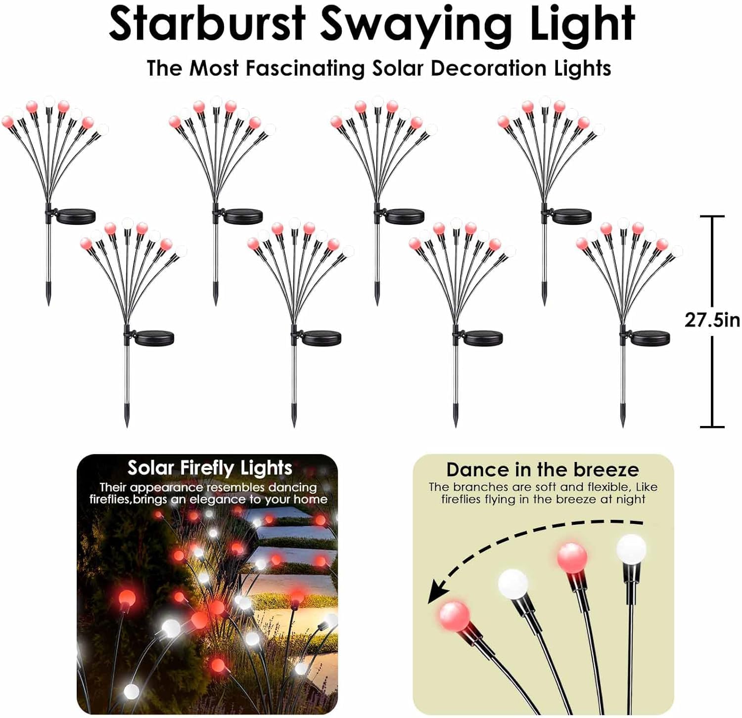 48 LED Solar Garden Lights Outdoor Waterproof - 6 Pack Red & White Solar Firefly Lights with Wind Swaying Effect for Pathway, Yard, Patio, and Landscape Decoration | Perfect for Evening Ambiance and Outdoor Parties