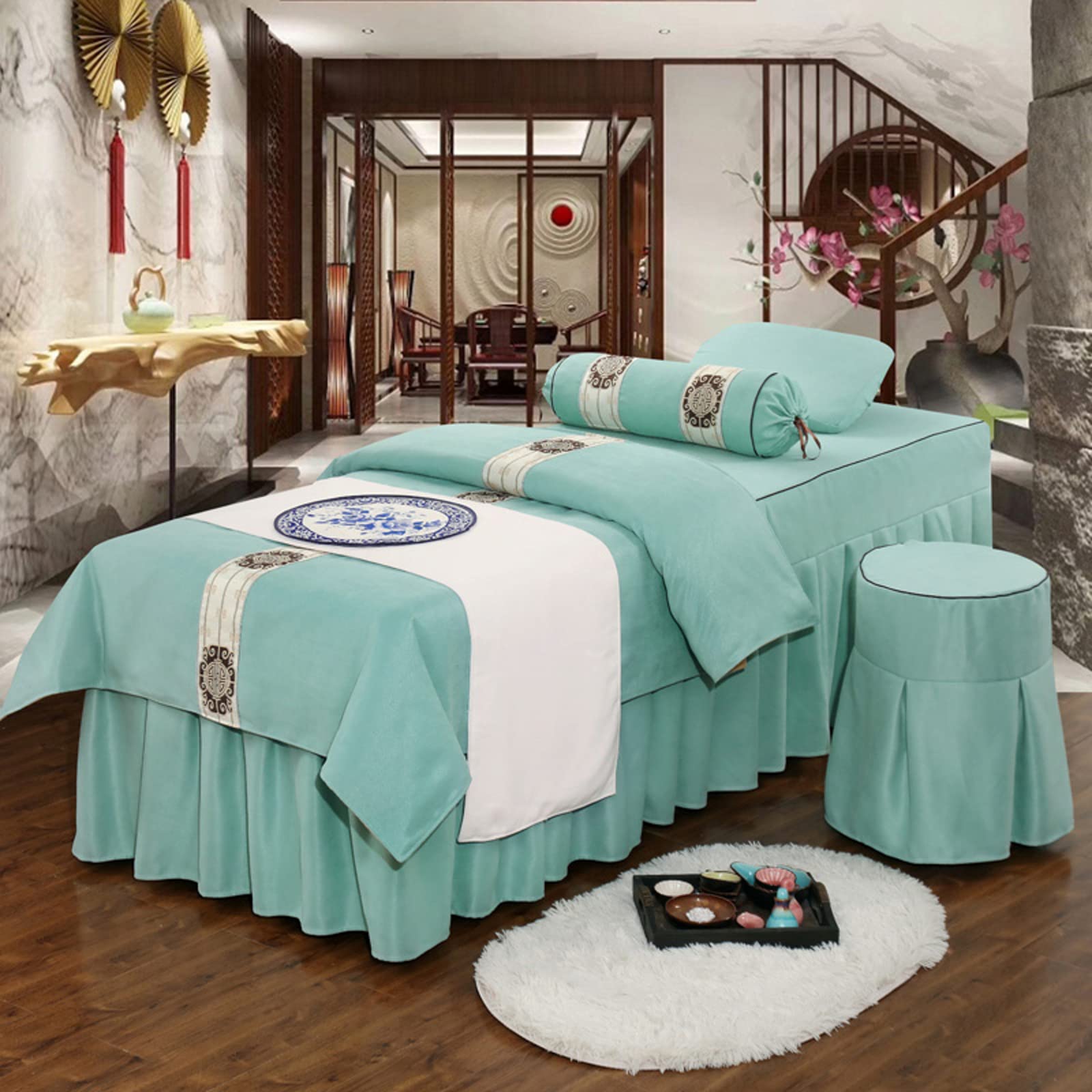 4-Piece Microfiber Massage Table Sheet Set - Breathable Reusable Solid Color Skirt for Beauty Salon, Facial Bed & Spa Treatments - Light Green 190x70cm (75x28in) - Perfect for Professional Massage Therapists & Home Use
