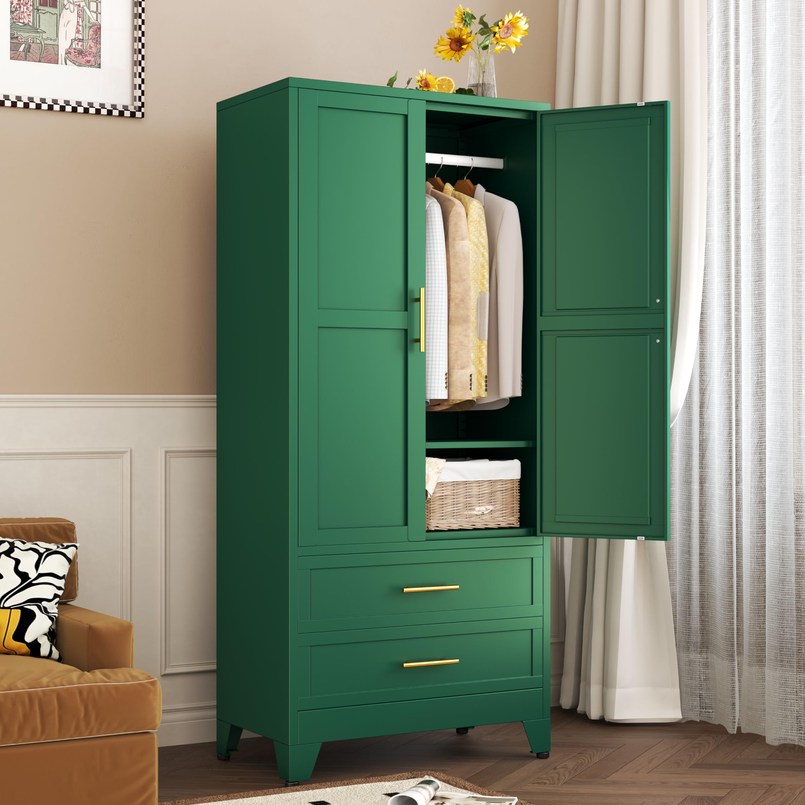 Metal Armoire Wardrobe Closet with 2 Drawers & Hanging Rod - 71