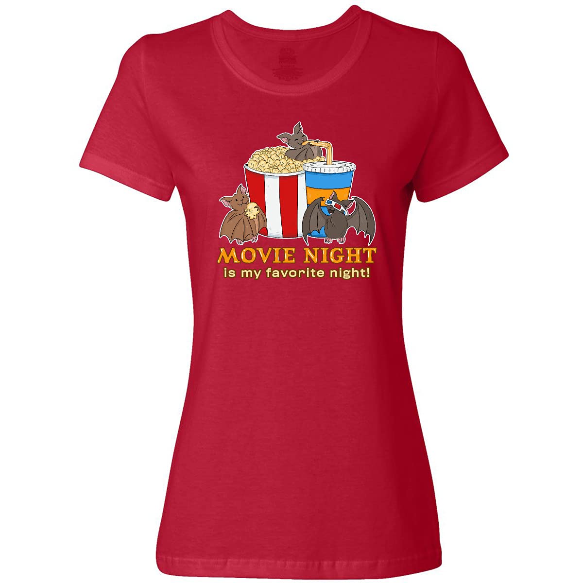 Inktastic Movie Night is My Favorite Night Bats with Popcorn Women's Graphic Tee - Casual Comfort Fit T-Shirt for Women, Perfect for Movie Nights, Lounge Wear & Casual Outings