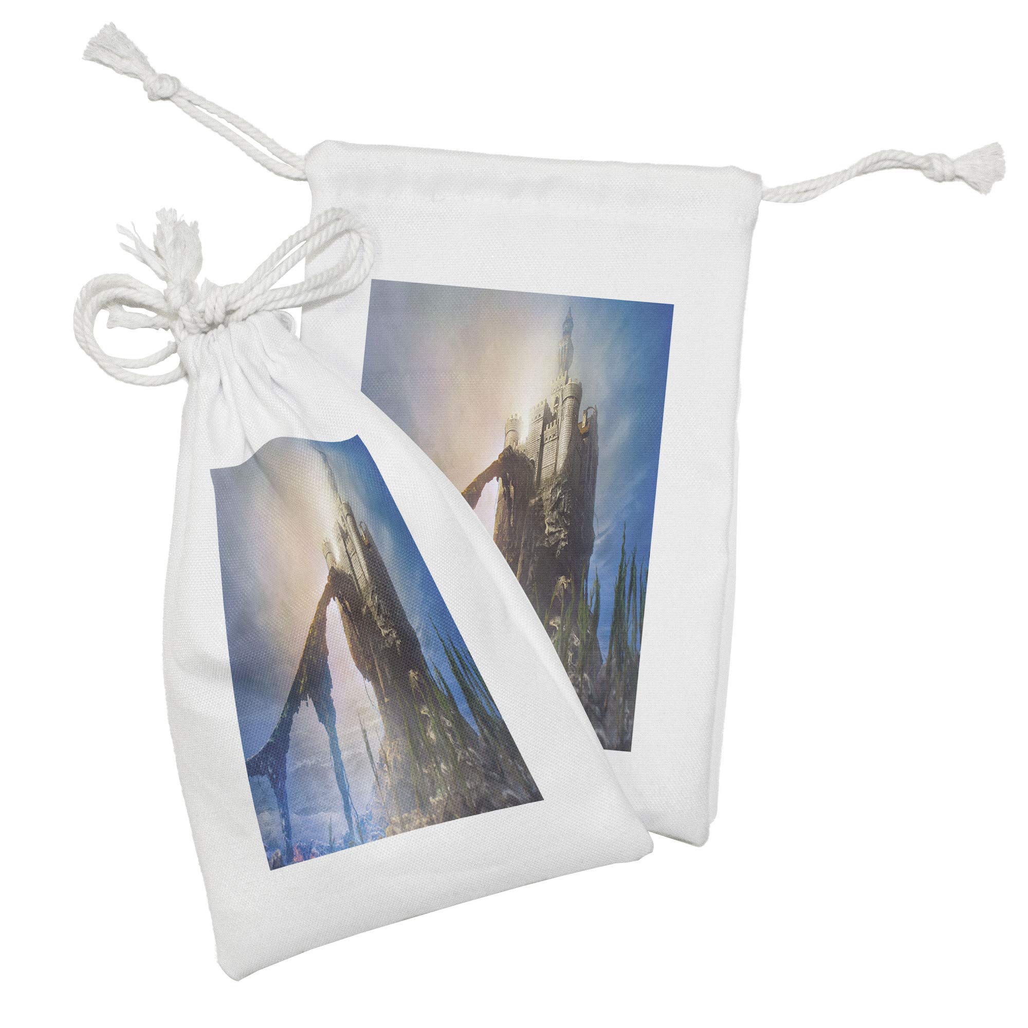 Ambesonne Medieval Fabric Pouch Set of 2 - Old Castle Hill Design, Small Drawstring Bags for Toiletries, Masks & Favors (9