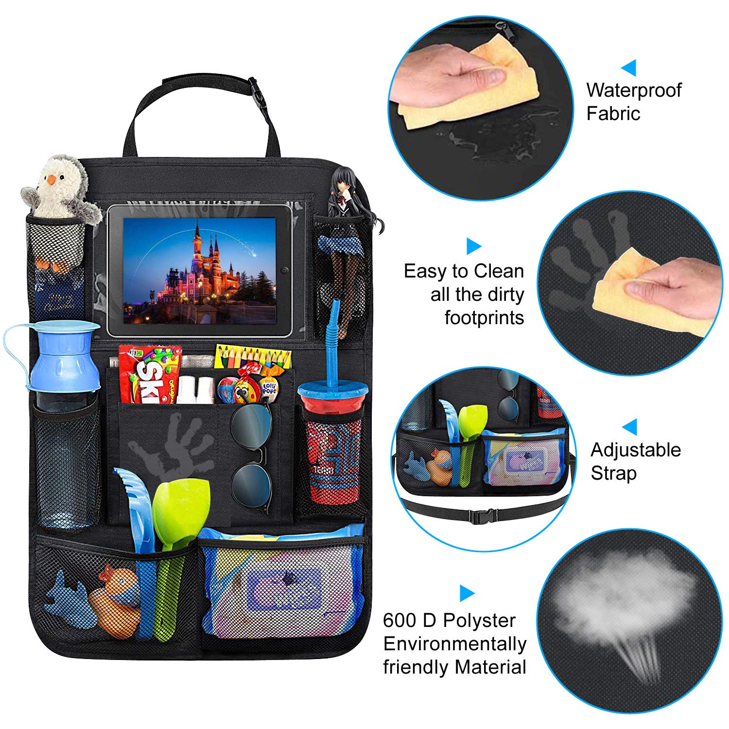 2 Pack Car Backseat Organizer with Touch Screen Tablet Holder & 9 Storage Pockets - Kick Mats & Car Seat Protectors - Perfect Travel Accessories for Kids & Toddlers - Ideal for Road Trips, Family Vacations & Daily Commutes