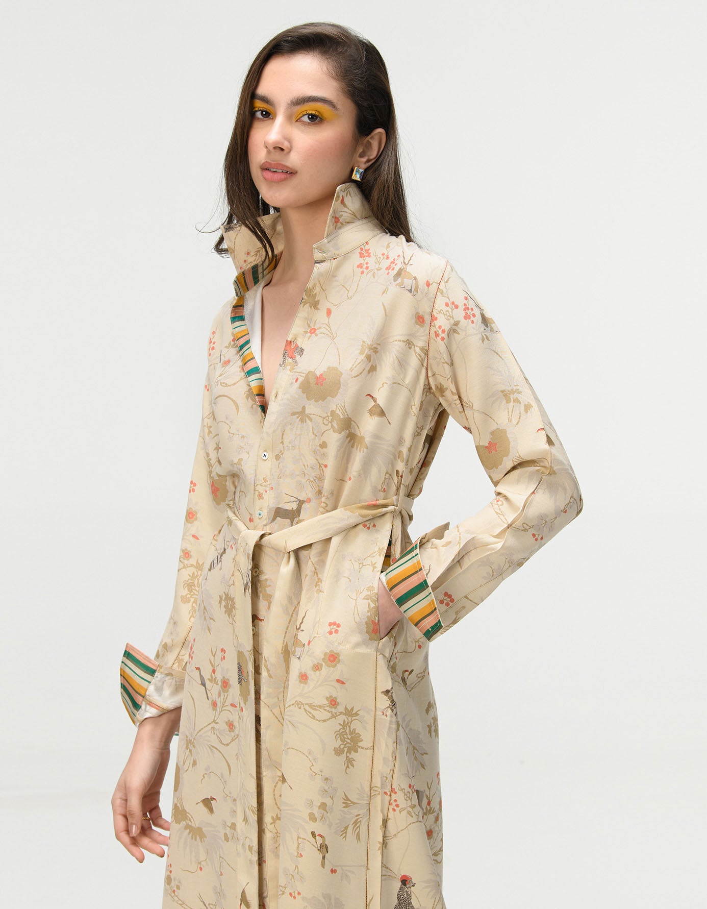 Elegant Tie Belt Shirt Dress in Muga Satin Ivory - Perfect for Office Wear, Casual Outings & Special Occasions