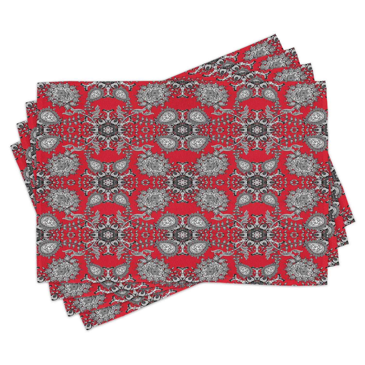 Ambesonne Red Mandala Place Mats Set of 4 - Washable Fabric Dining Table Mats with Classic Paisley Design for Kitchen & Dining Room Decor | Perfect for Holiday Dinners, Parties & Everyday Use (Scarlet White Black)