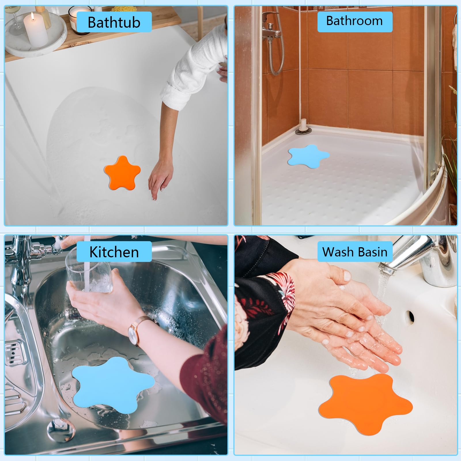 Molain 2 Pack Silicone Bathtub Drain Stopper - Hair Catcher & Flat Suction Cover for Kitchen, Bathroom & Laundry (Blue & Orange) - Perfect for Bath, Sink & Shower Drain Protection