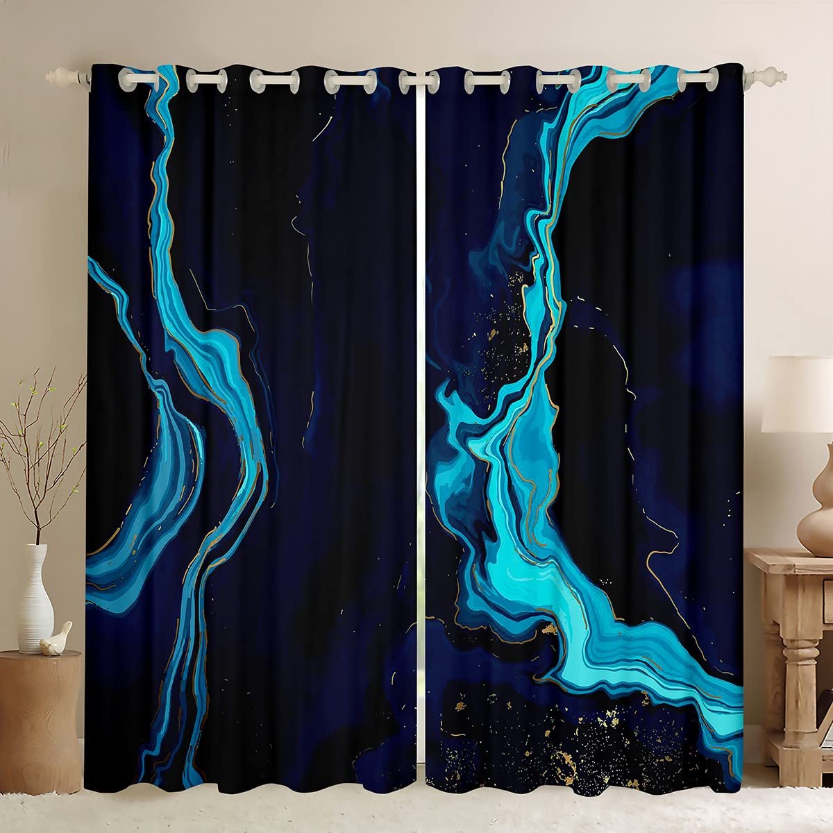 Feelyou Blue Marble Curtains - Modern Luxury Textured Window Drapes for Kids Room, Boys & Girls Bedroom - Abstract Art Design Window Treatments for Living Room & Bedroom - 42W x 63L (Set of 2 Panels) - Perfect for Nursery, Playroom & Home Decor