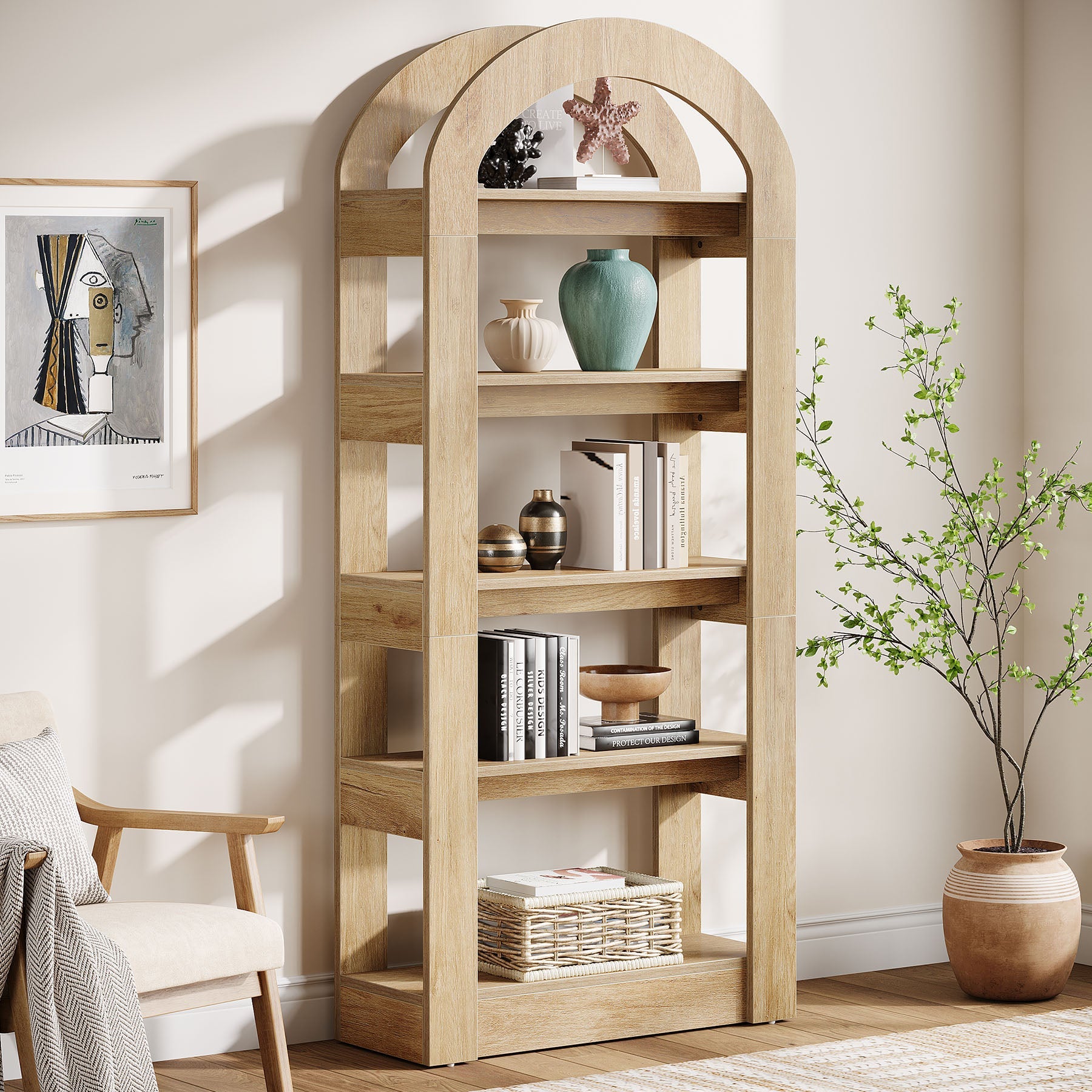 5 Tier Wooden Bookshelf - Arch Shaped Bookcase Display Shelf for Home, Office & Library - Perfect for Organizing Books, Decor & Storage