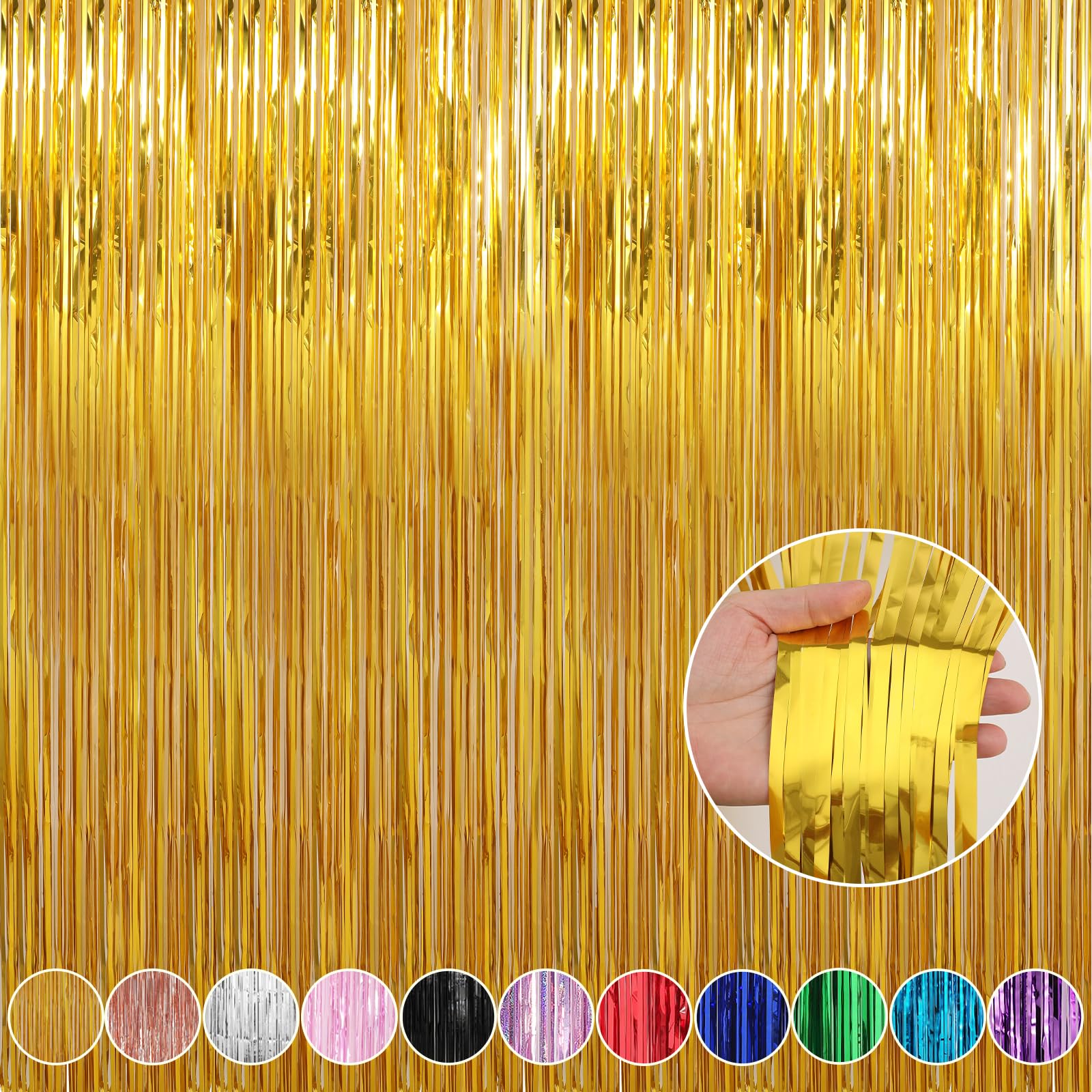 Crosize 4 Pack Gold Foil Fringe Curtains 3.3x8.2ft - Sparkling Party Backdrop, Tinsel Door Streamers for Birthday, Wedding, Baby Shower & Holiday Decorations - Glittering Photo Booth Background for Events & Celebrations