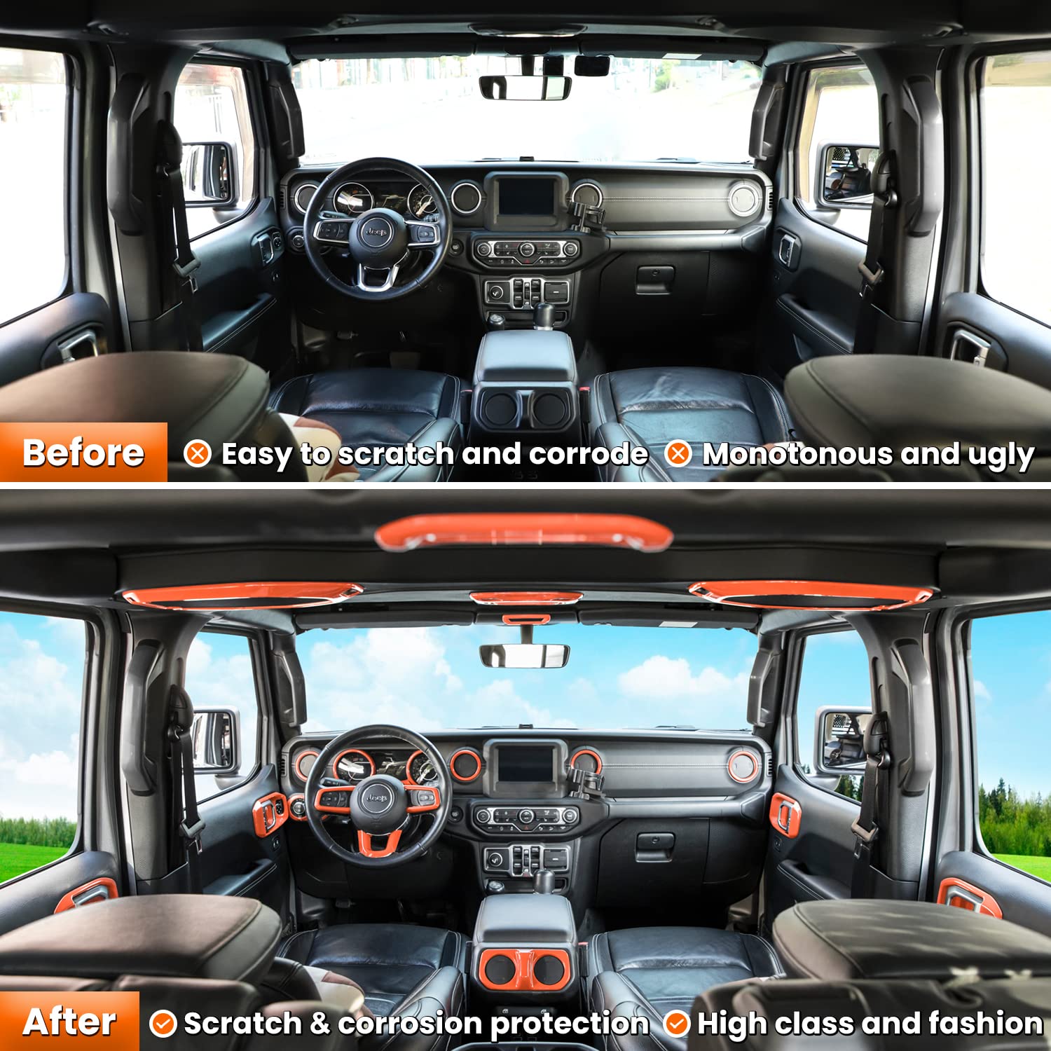 23PCS Full Interior Trim Kit for Jeep Wrangler JL JLU & Gladiator JT (2018-2023) - Steering Wheel, Door Handles, AC Vents, Cup Holders, Reading Lights - Orange Accent Upgrade for Off-Road & Daily Driving