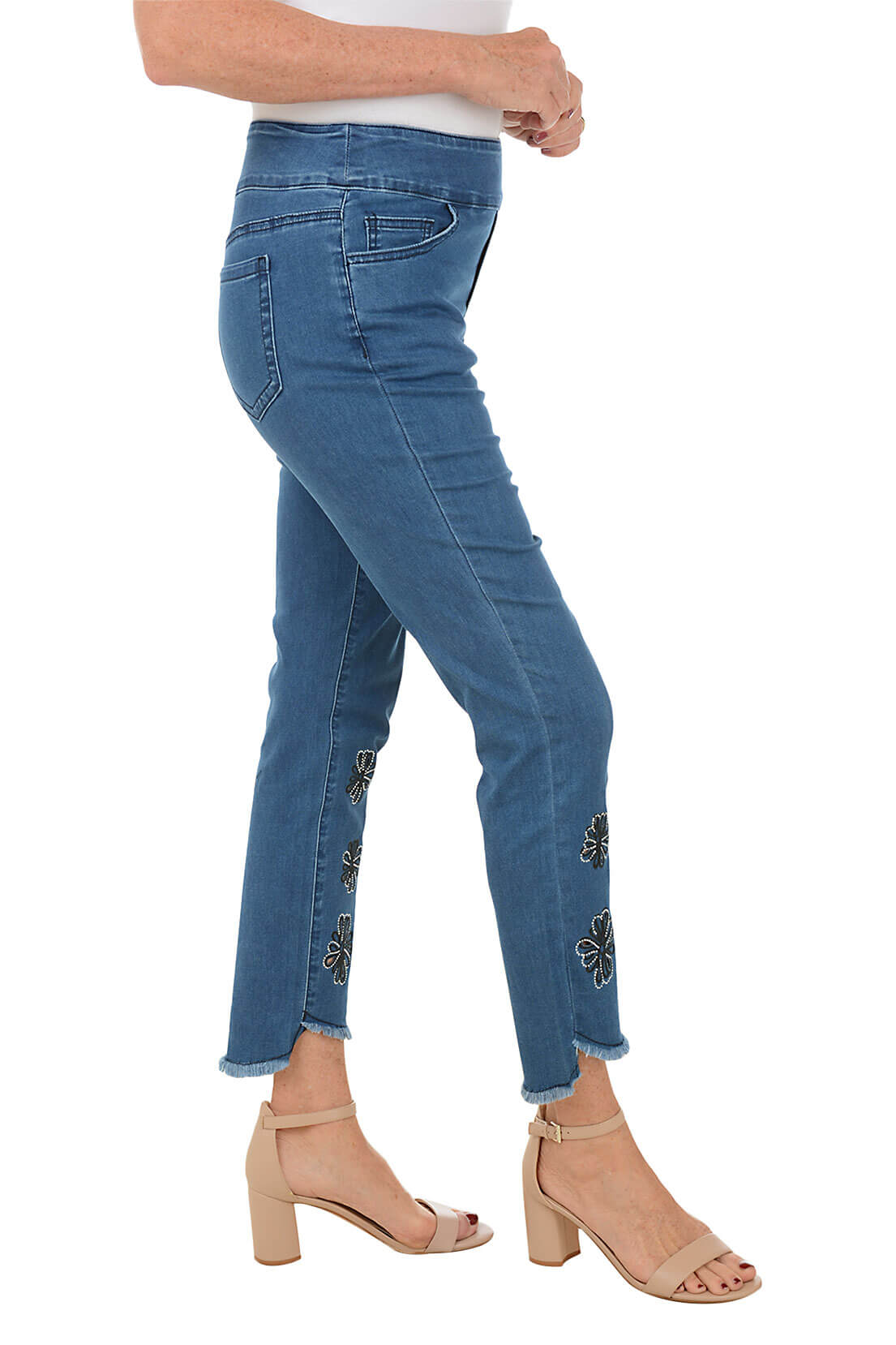 Blue Rhinestone Daisy Denim Pants for Women - Vintage High Waisted Flared Jeans with Sparkling Embellishments - Perfect for Casual Wear, Parties & Boho Fashion