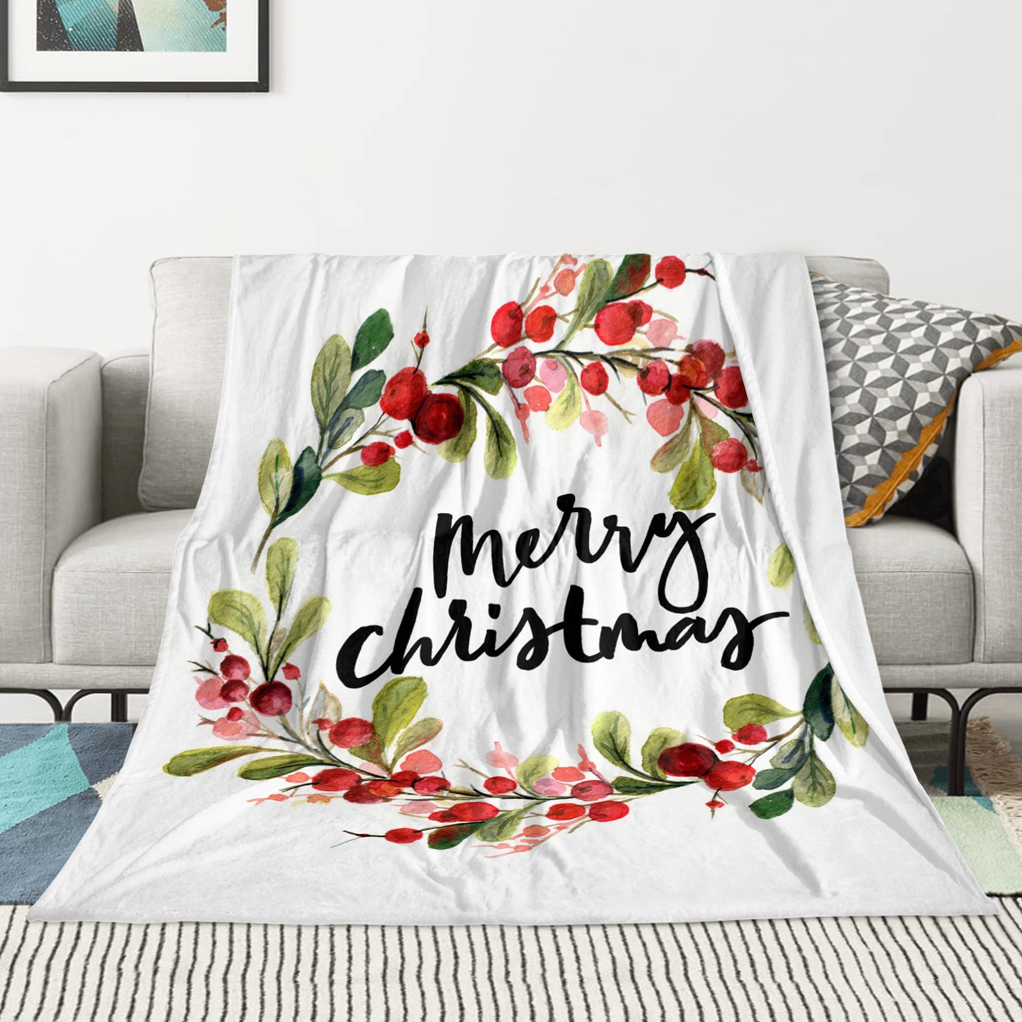 Christmas Throw Blanket - Berry Wreath Flannel Fleece Blanket 60x80 Inch, Soft Cozy Luxury for Couch, Bed, Sofa | Perfect for Holiday Decor, Winter Warmth & Gift Giving