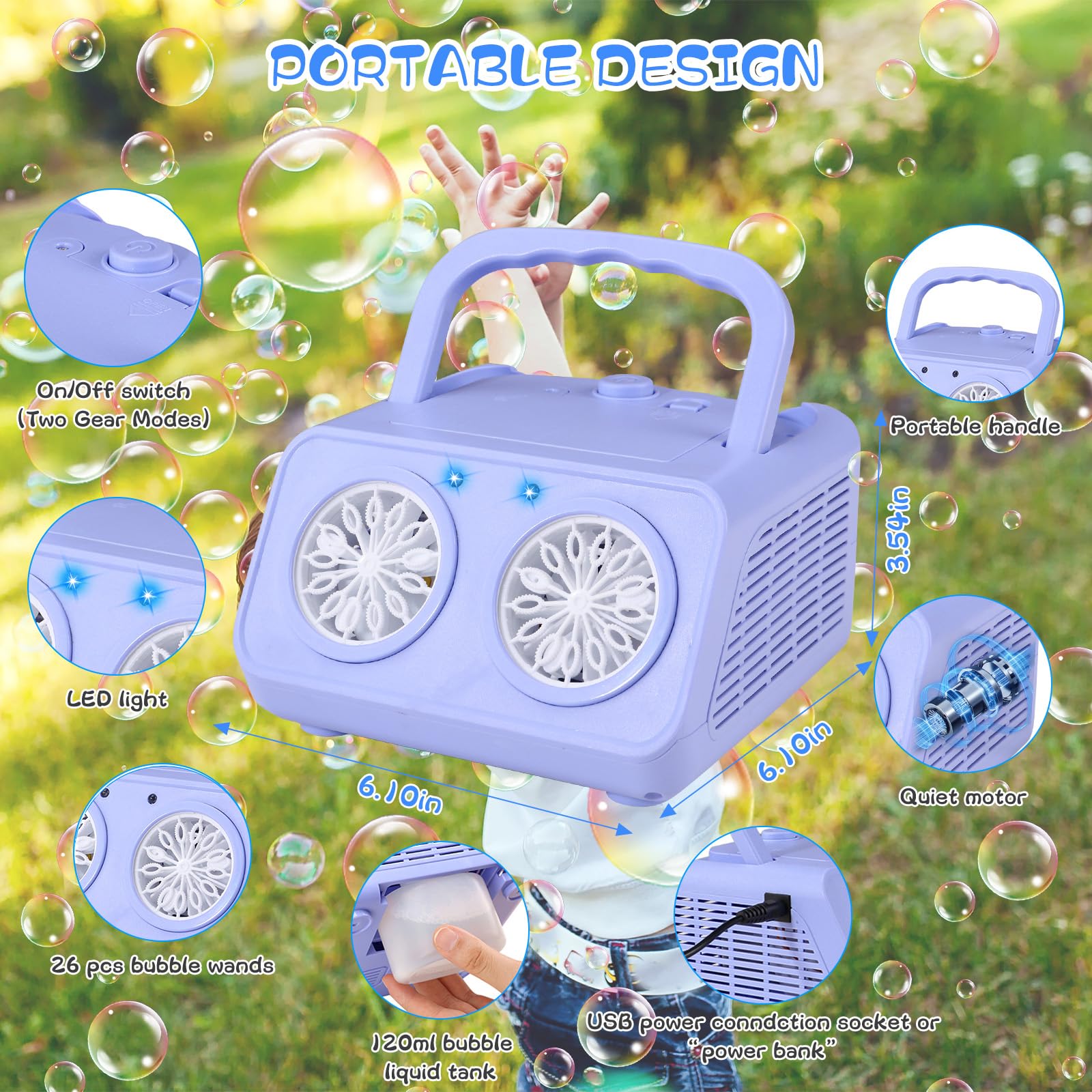 Upgraded SHCKE Bubble Blower Machine with 2 Fans - 20,000+ Bubbles Per Minute, Automatic Bubble Maker for Kids (Plug-in & Battery Powered) - Perfect for Indoor/Outdoor Birthday Parties, Backyard Play, and Summer Festivals