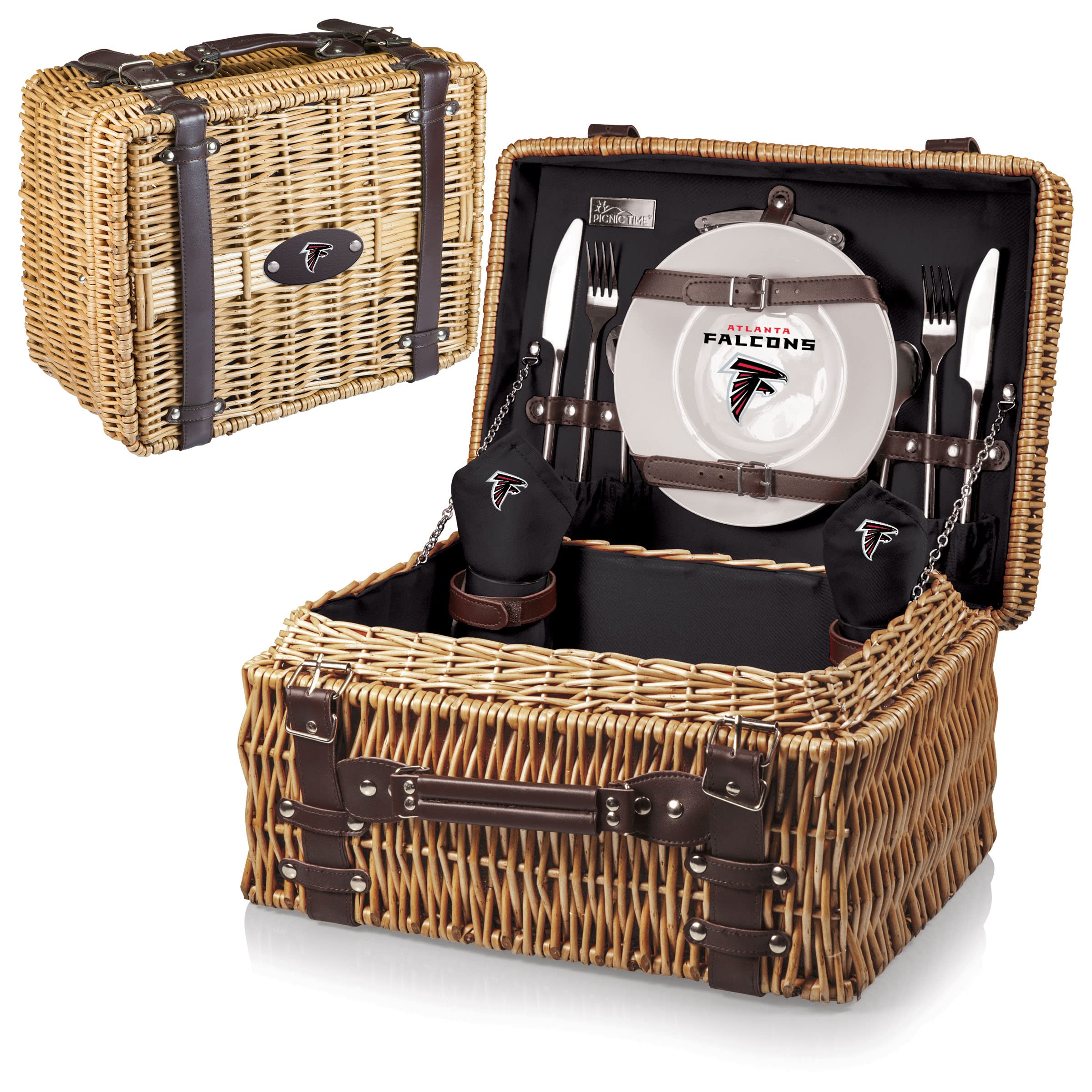 **PICNIC TIME NFL Champion Picnic Basket for 2 – Wicker Picnic Basket Set with Plates, Utensils & Blanket – Perfect for Outdoor Picnics, Tailgating & Game Day Gatherings (Black with Brown Accents)**