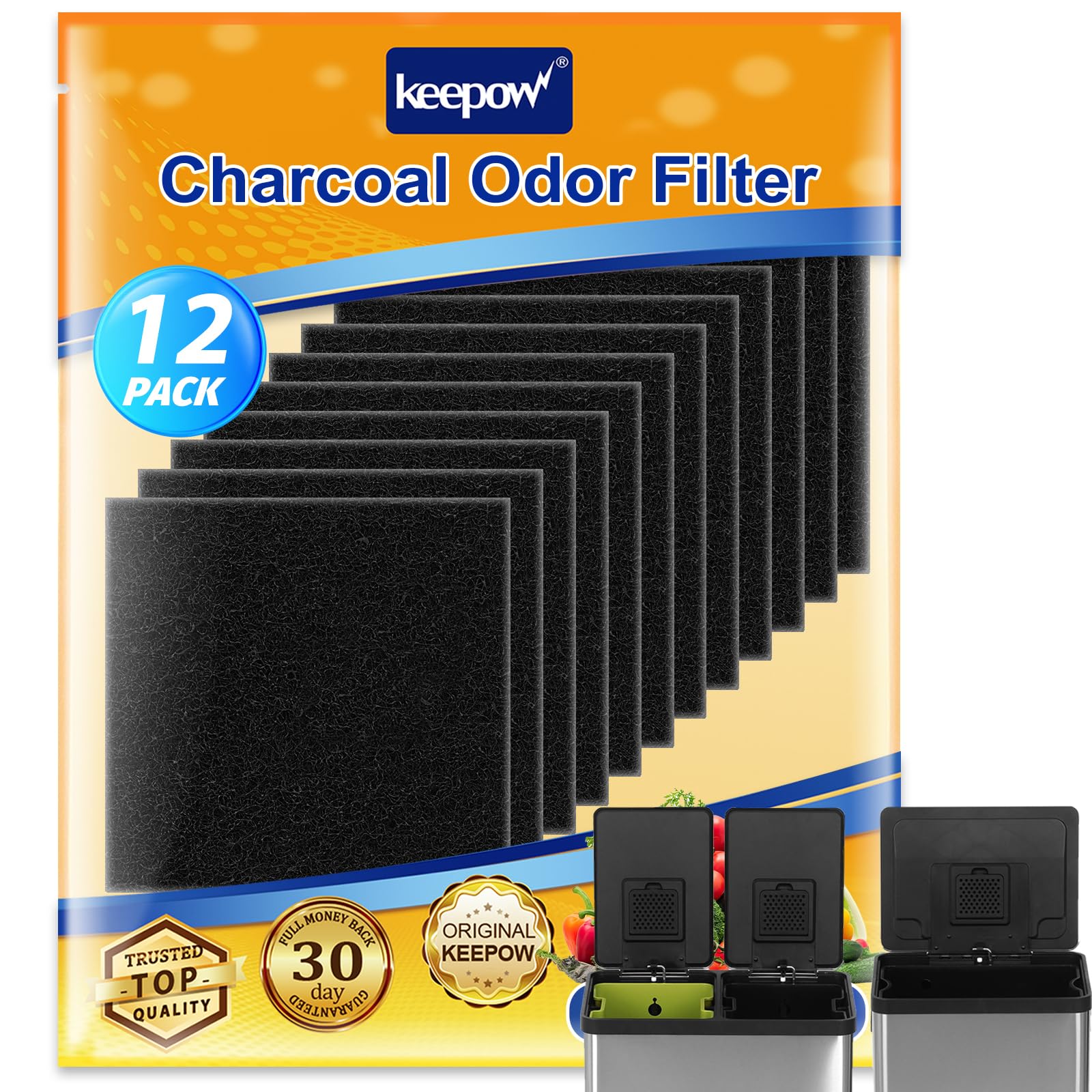 KEEPOW 12 Pack Charcoal Odor Absorber for Trash Cans - Compatible with SIMPLI-Magic, EKO & Compost Bins - Square Deodorizer for Built-in Odor Filter Compartment | Eliminates Kitchen, Bathroom & Office Odors
