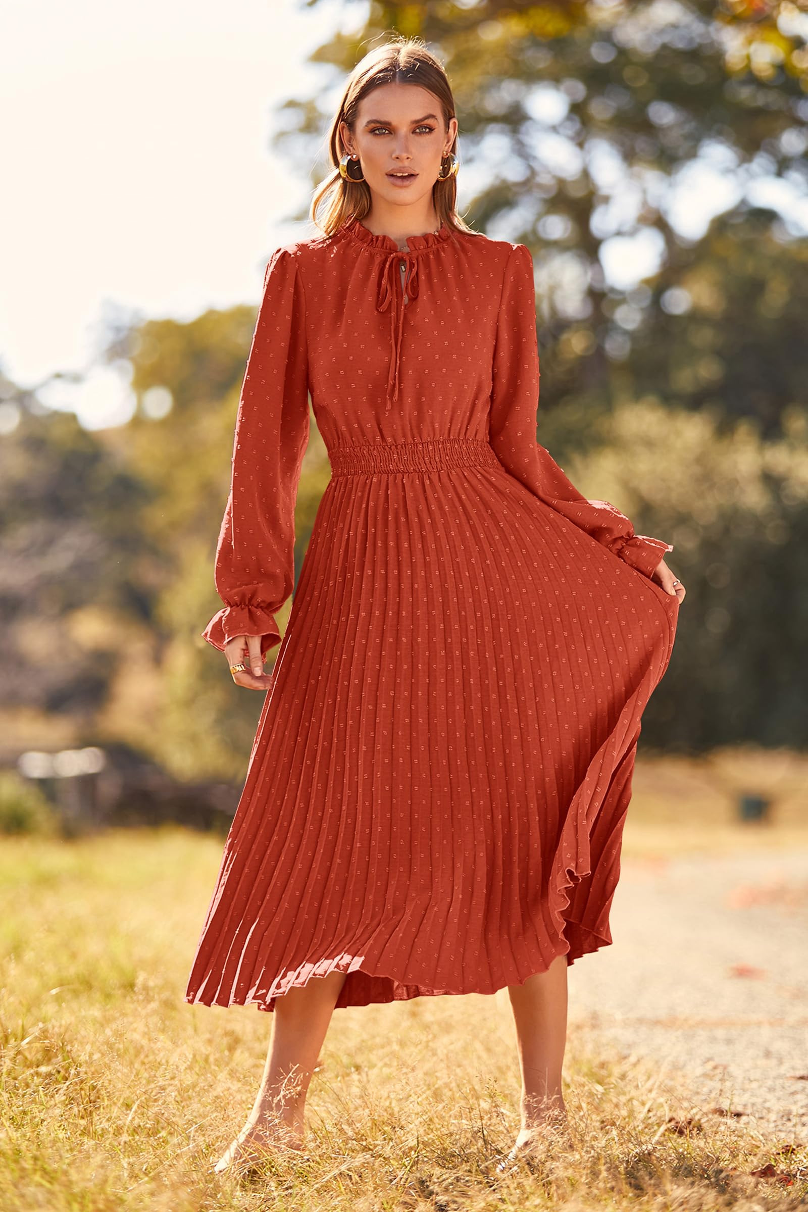 PRETTYGARDEN Women's 2025 Spring Fall Midi Dress - Casual Long Sleeve V-Neck Swiss Dot Pleated A-Line Flowy Dress for Work, Date Night & Special Occasions
