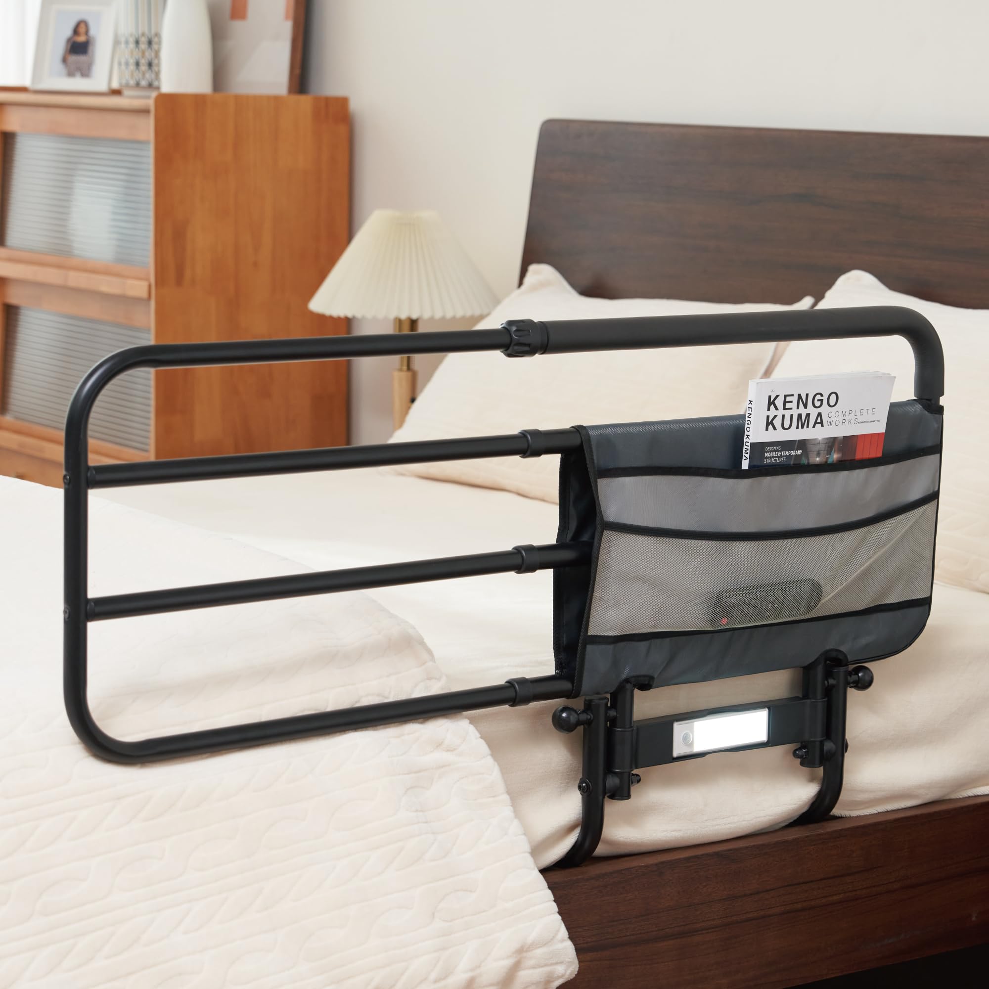 Adjustable Bed Rail for Elderly & Seniors - Heavy Duty Bed Assist Railing with Hand Support Bar & Side Storage Bag - Safety Bedside Rails with Night Light - Perfect for Full Size Beds - Ideal for Fall Prevention & Mobility Assistance at Home