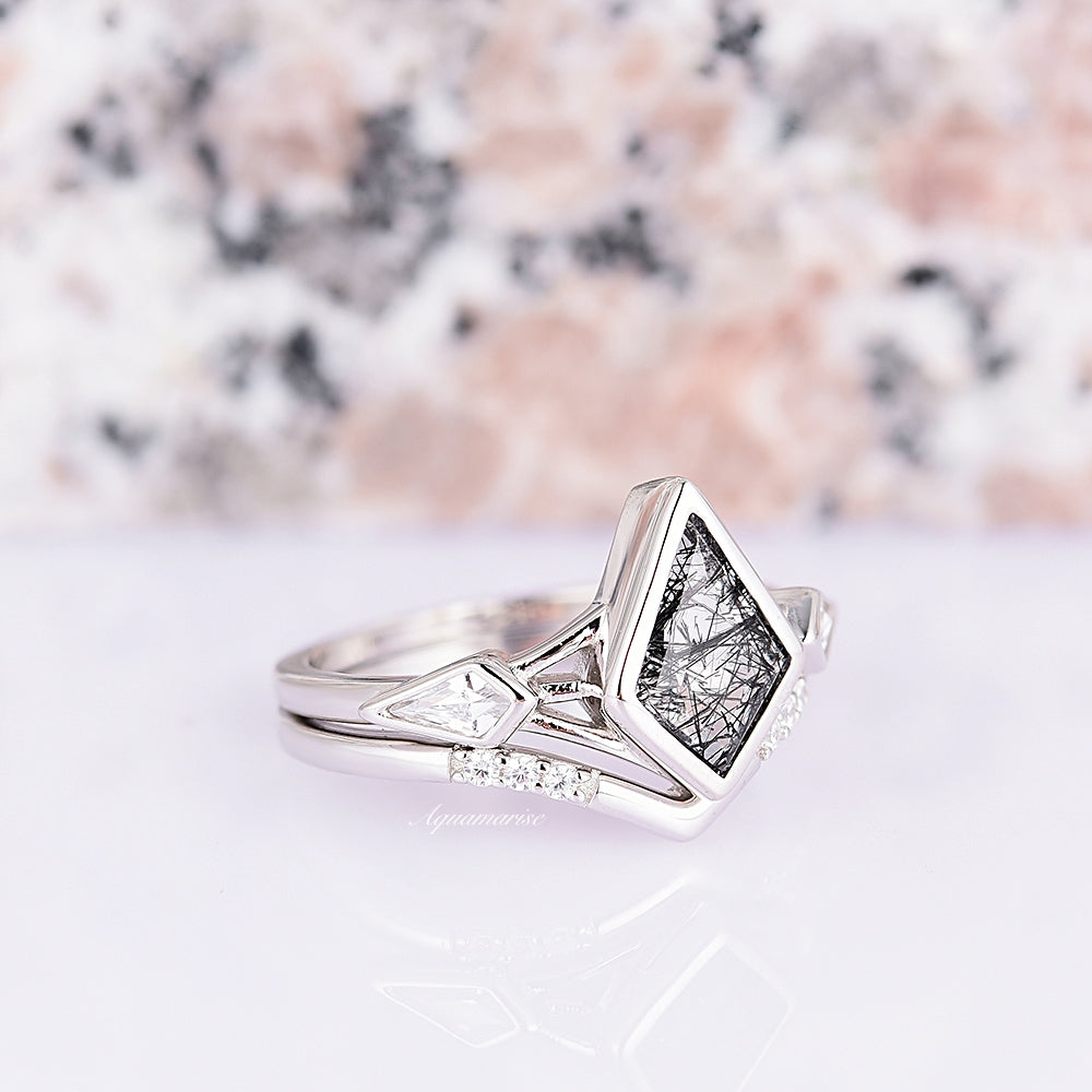 Celtic Kite Black Rutilated Quartz Ring Set - 925 Sterling Silver Jewelry for Women, Handmade Boho Wedding Band, Unique Spiritual Gift for Her | Perfect for Celtic Weddings, Pagan Ceremonies & Everyday Wear