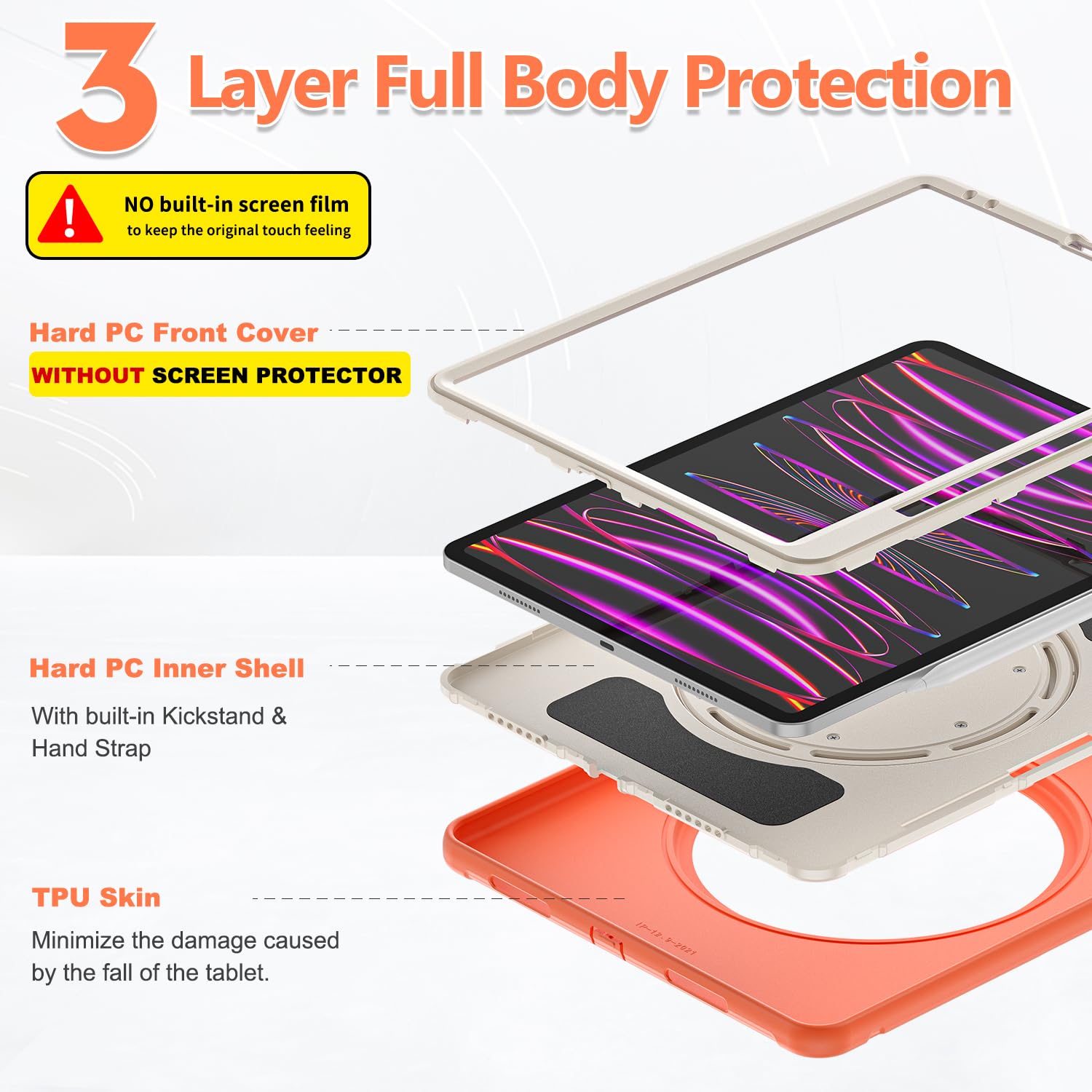 BATYUE iPad Pro 12.9 Case (6th/5th/4th/3rd Gen 2022-2018) - Shockproof Protective Cover with Apple Pencil Holder & 360° Rotating Stand | Perfect for Work, Study, and Travel - Orange