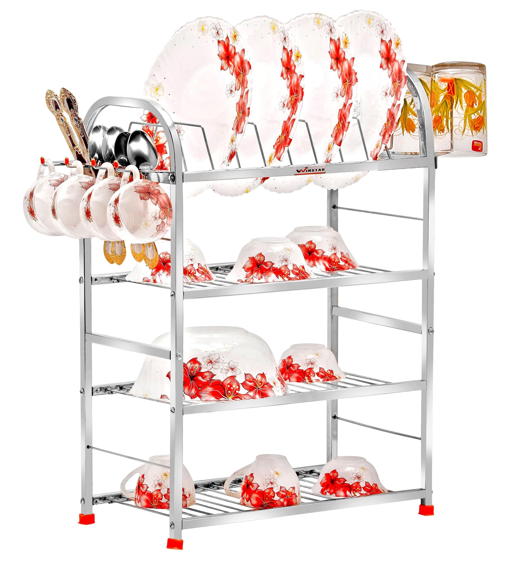 WINSTAR 4-Tier Stainless Steel Wall Mount Kitchen Utensil Organizer | Space-Saving Dish Rack with Plate Holder, Cutlery Stand & Wine Glass Storage | Modular Kitchen Storage Solution for Small Spaces (24