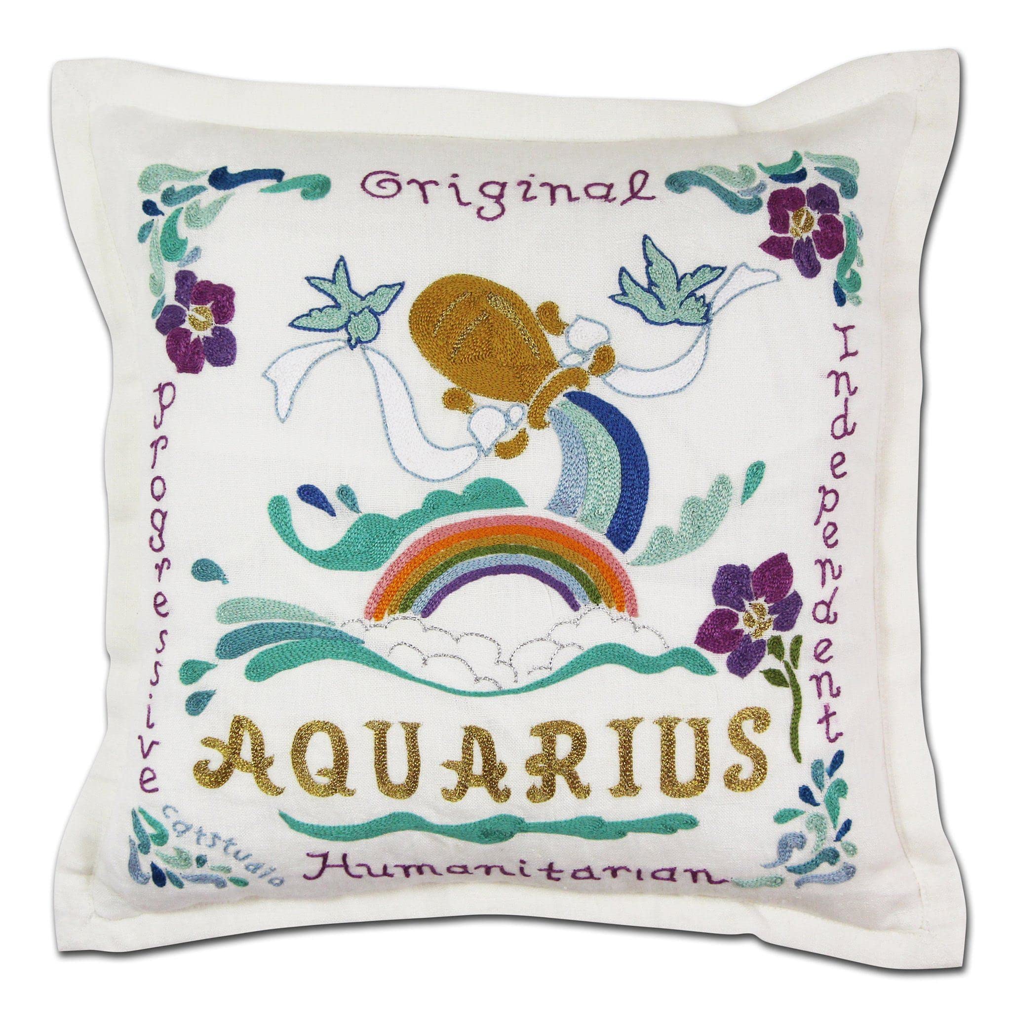 Catstudio Astrology Hand Embroidered Aquarius Zodiac Sign Pillow - Decorative Throw & Couch Pillow for January & February Birthdays - Perfect Aquarius Gift for Home Decor, Sofa, Bedroom & Living Room