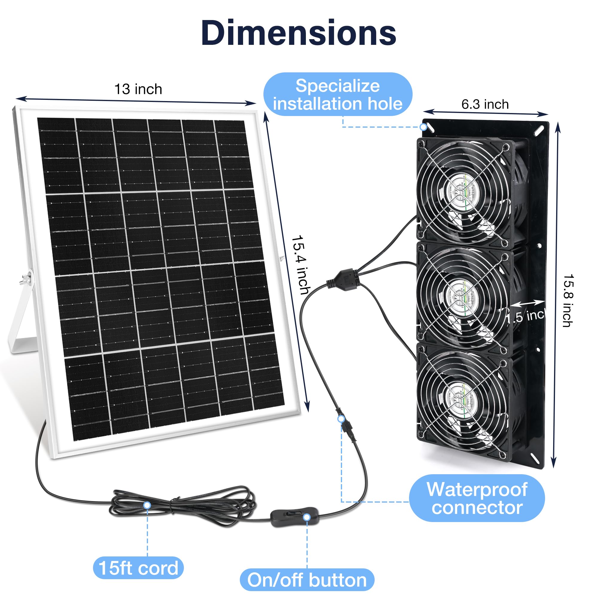 25W Solar Powered Exhaust Fan Kit - IP67 Waterproof 3500RPM with 15FT Cord for Chicken Coops, Greenhouses & Sheds | Outdoor Cooling Ventilation System for Air Circulation & Temperature Control