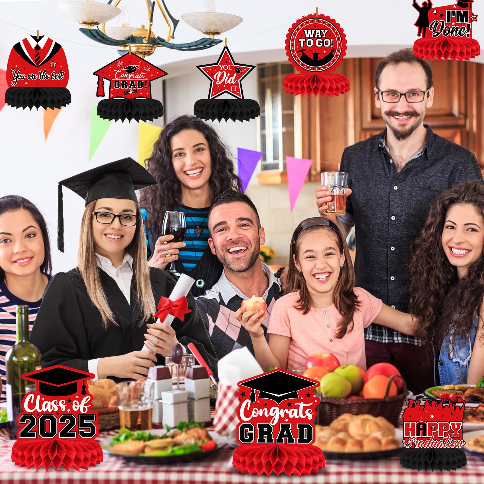 8-Piece Class of 2025 Graduation Table Decor Set - Red & Black Honeycomb Centerpieces for 2025 Grad Party | Congrats Grad Table Toppers | Perfect for Graduation Ceremony Decorations & Party Favors