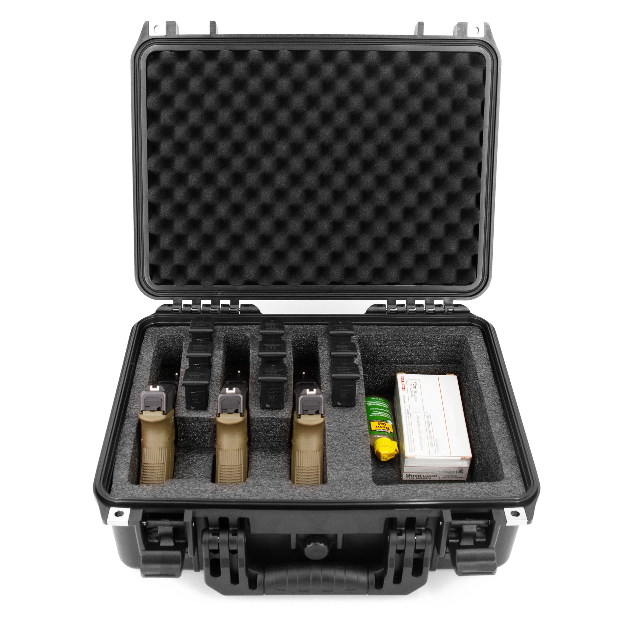 CASEMATIX TSA Approved 3 Pistol Case - 16 Inch Waterproof Handgun Case for 3 Handguns & 9 Magazines with Accessory Storage | Durable Gun Carrying Case for Travel, Range & Secure Storage | Perfect for Air Travel, Shooting Range & Firearm Protection