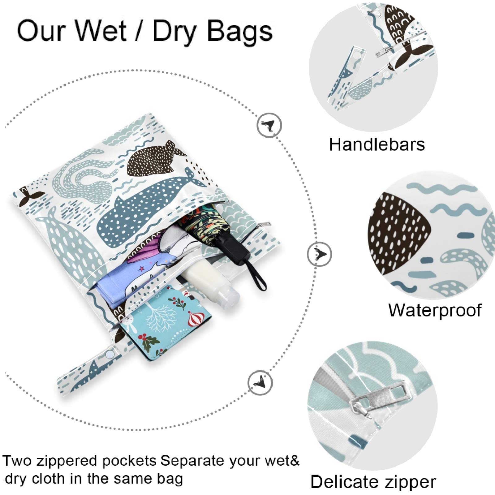 Visesunny 2-Pack Waterproof Wet Bags with Zipper Pockets - Blue Whale Design Reusable Washable Diaper Bag for Baby, Travel & Gym | Perfect for Swimsuits, Toiletries, Dirty Clothes & Daycare Essentials | Great for Beach, Pool, Stroller & Sports Activities
