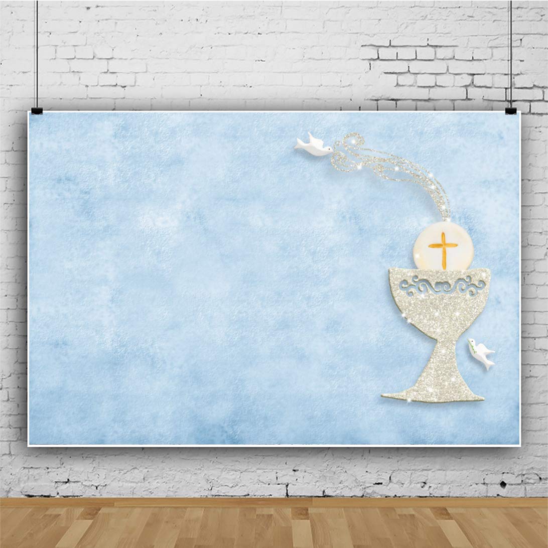 10x8ft Polyester Baptism Backdrop - First Holy Communion Rustic Blue & Silver Chalice with Golden Cross Photography Background for Newborn Christening, Party Decor, Photo Studio Props - Perfect for Church Events, Baby Baptisms & Religious Celebrations