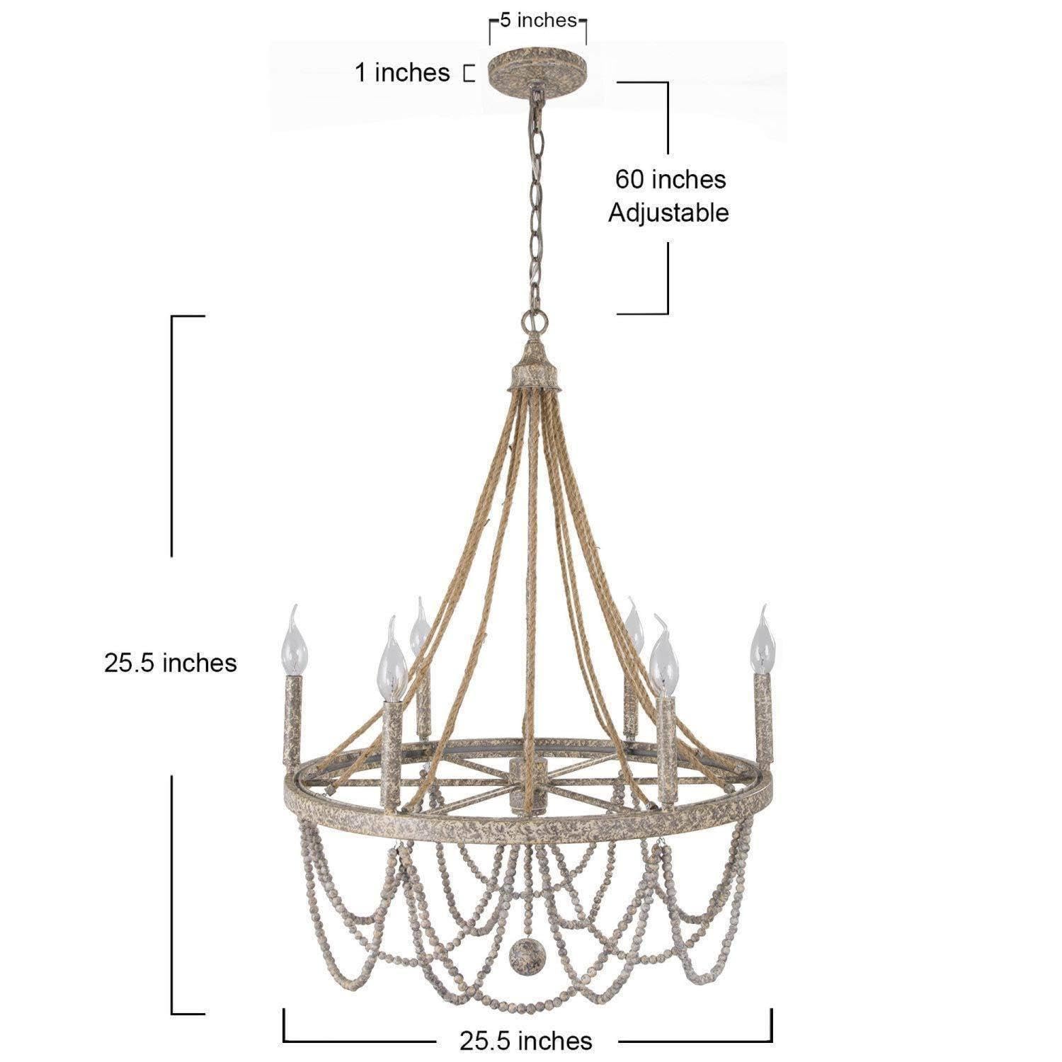 Rustic Wood Beaded 6-Light Boho Chandelier with Hemp Ropes - Farmhouse Style Distressed Granite Finish Lighting Fixture for Dining Room, Bedroom, Living Room & Entryway | Perfect for Boho, Farmhouse & Rustic Home Decor