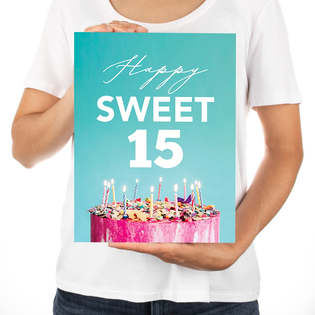 Jumbo Happy Birthday Card for Sweet 15 - Large Blank Greeting Space for Girls, Daughter, Granddaughter - Fifteen Birthday Cake Design 8.5