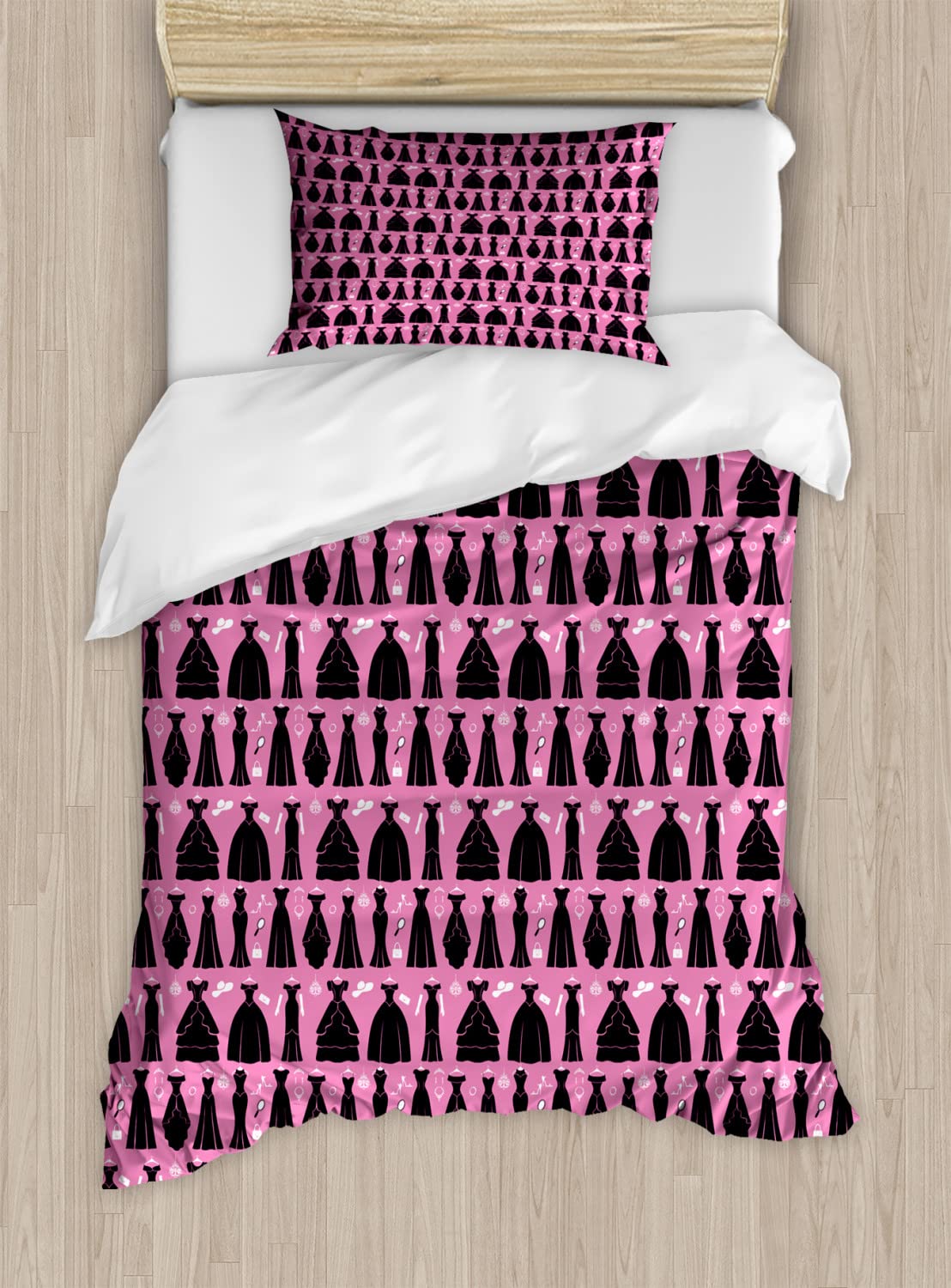 Ambesonne Fashion Duvet Cover Set - Queen Size 2-Pack with 2 Duvet Covers & 4 Pillowcases, Elegant Ball Gown & Cocktail Dress Print in Pink & Dark Chestnut Brown - Perfect for Bedroom Decor, Guest Room Styling, and Luxury Home Textiles