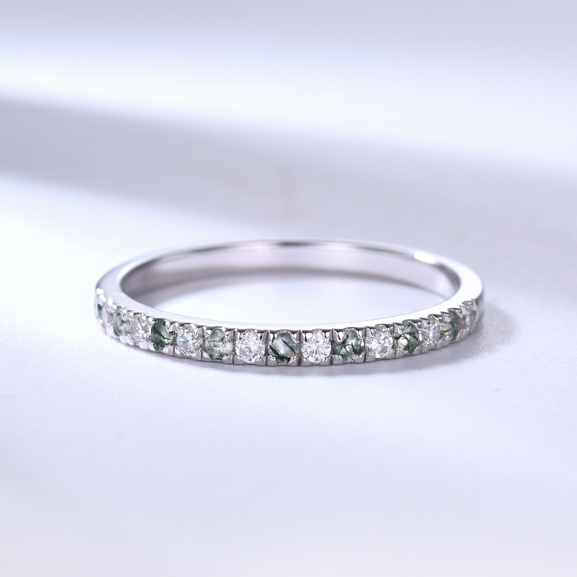 Elegant Moss Agate Wedding Band in White Gold with Moissanite - 2mm Half Eternity Stacking Ring for Women | Perfect for Bridal Jewelry, Anniversary Gifts & Everyday Wear