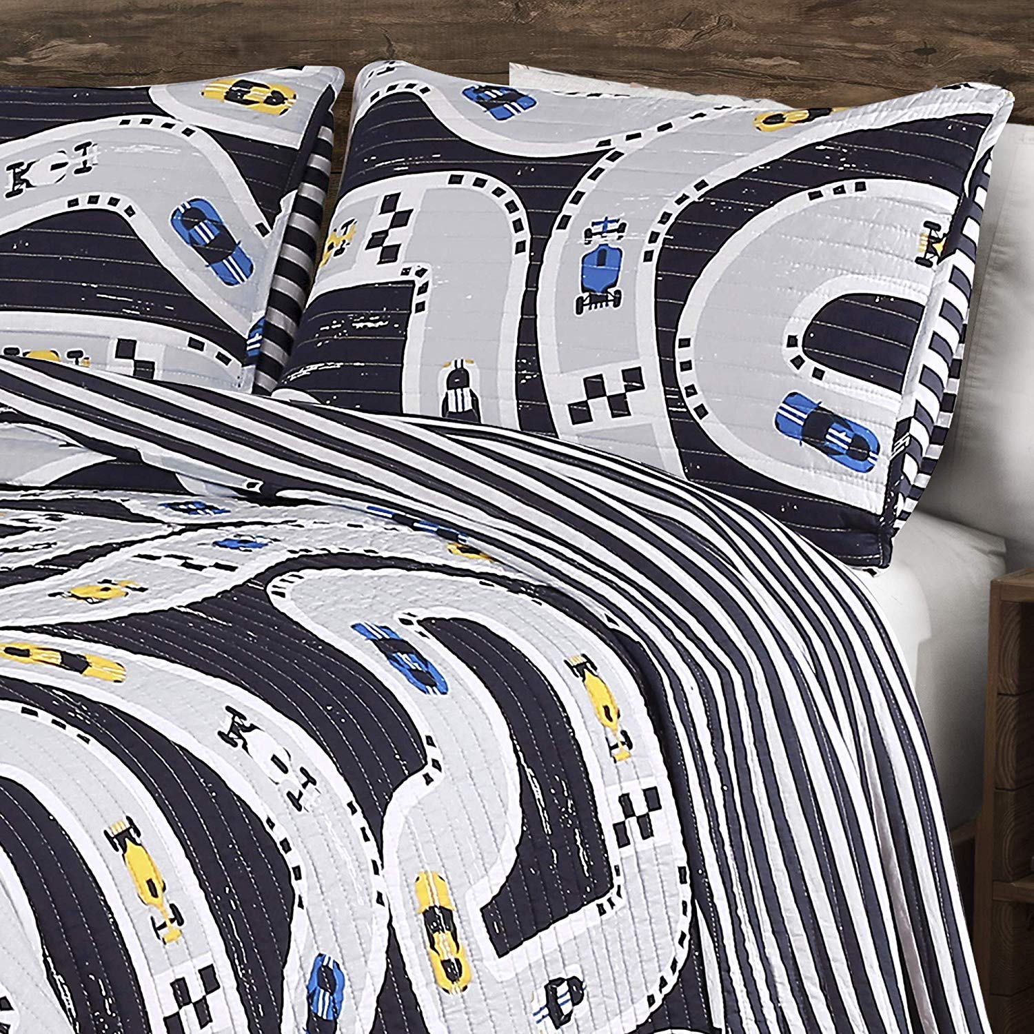 Reversible Kids Car Tracks Quilt Set - Twin Navy for Boys Bedroom