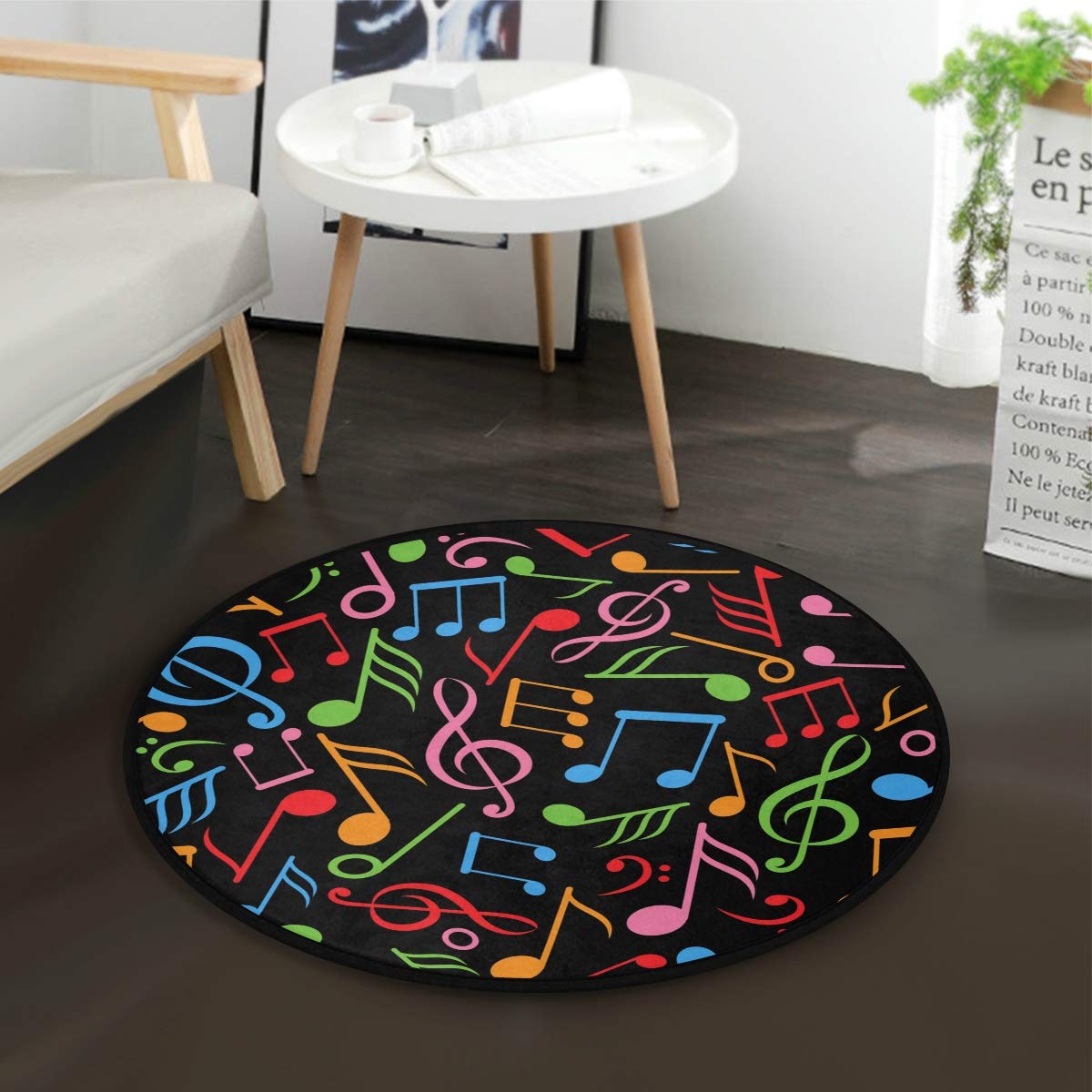 ALAZA Colorful Music Notes Black Round Area Rug 3' Diameter (92 cm) - Soft Non-Slip Floor Mat for Living Room, Bedroom, Nursery - Perfect for Music Lovers, Home Decor & Kids Play Area