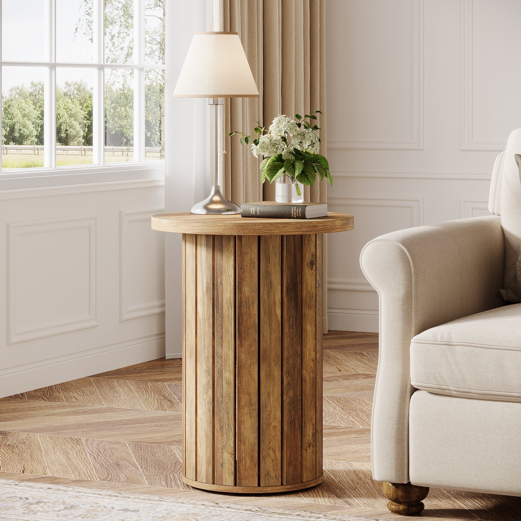 Round Wooden End Table with Pedestal Base - Small Side Table for Couch, Living Room, Bedroom - Perfect for Coffee, Books & Decor