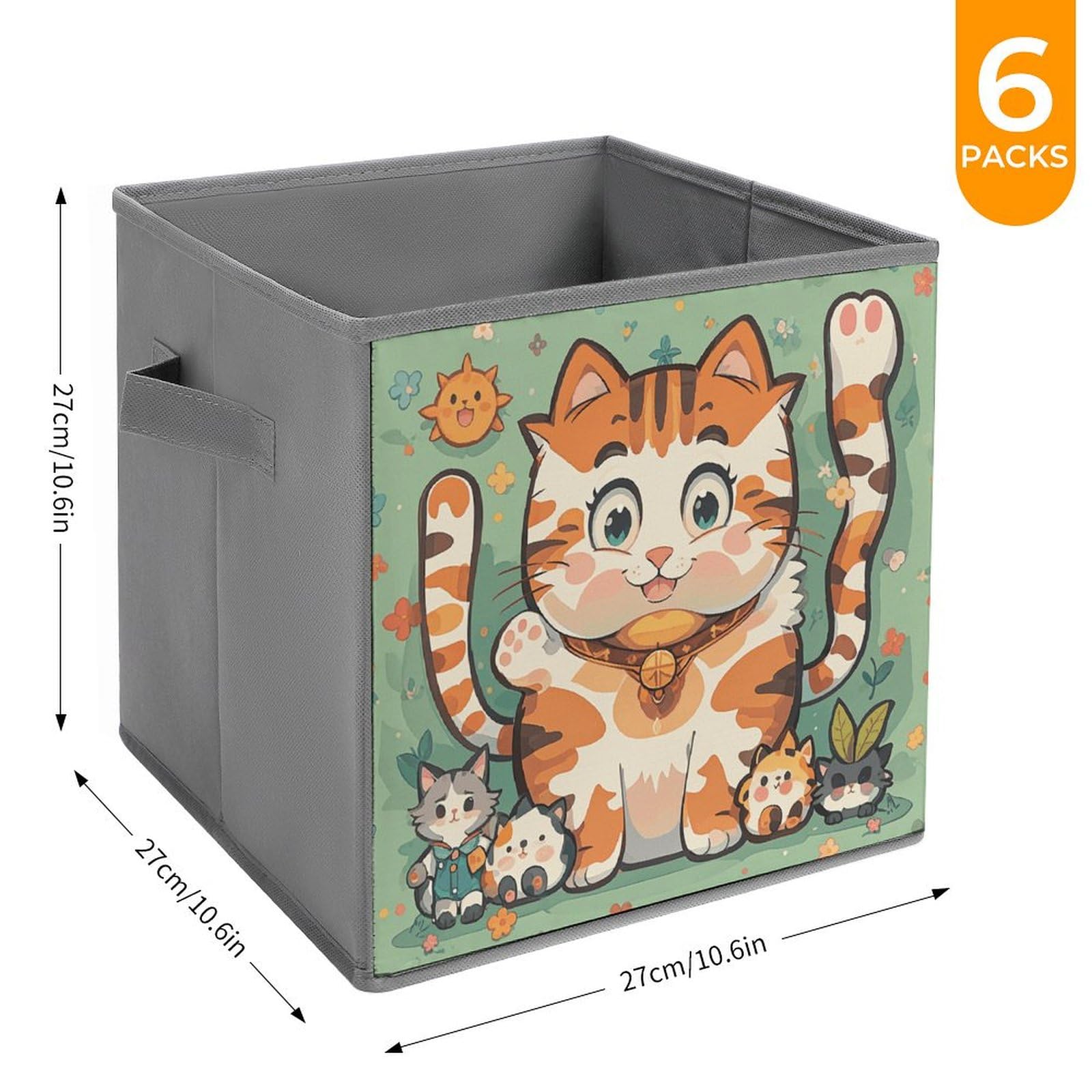 6PCS Collapsible Storage Bins with Handles - Cute Cartoon Cat Printed Foldable Organizer Boxes for Home, Kitchen, Bathroom & Closet Organization - Space Saving Storage Containers for Shelves, Cabinets & Under Bed