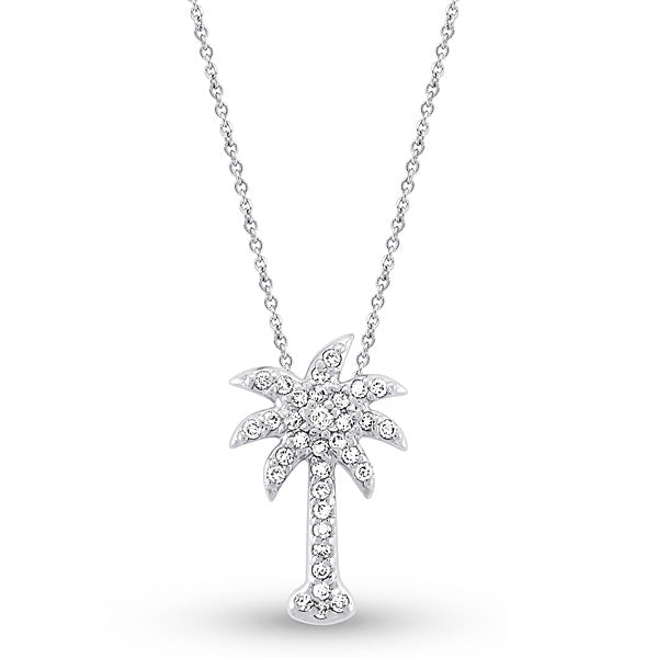 14K White Gold Diamond Pavé Palm Tree Pendant Necklace - Elegant Beach Jewelry for Women, Perfect for Summer Vacations & Tropical Getaways