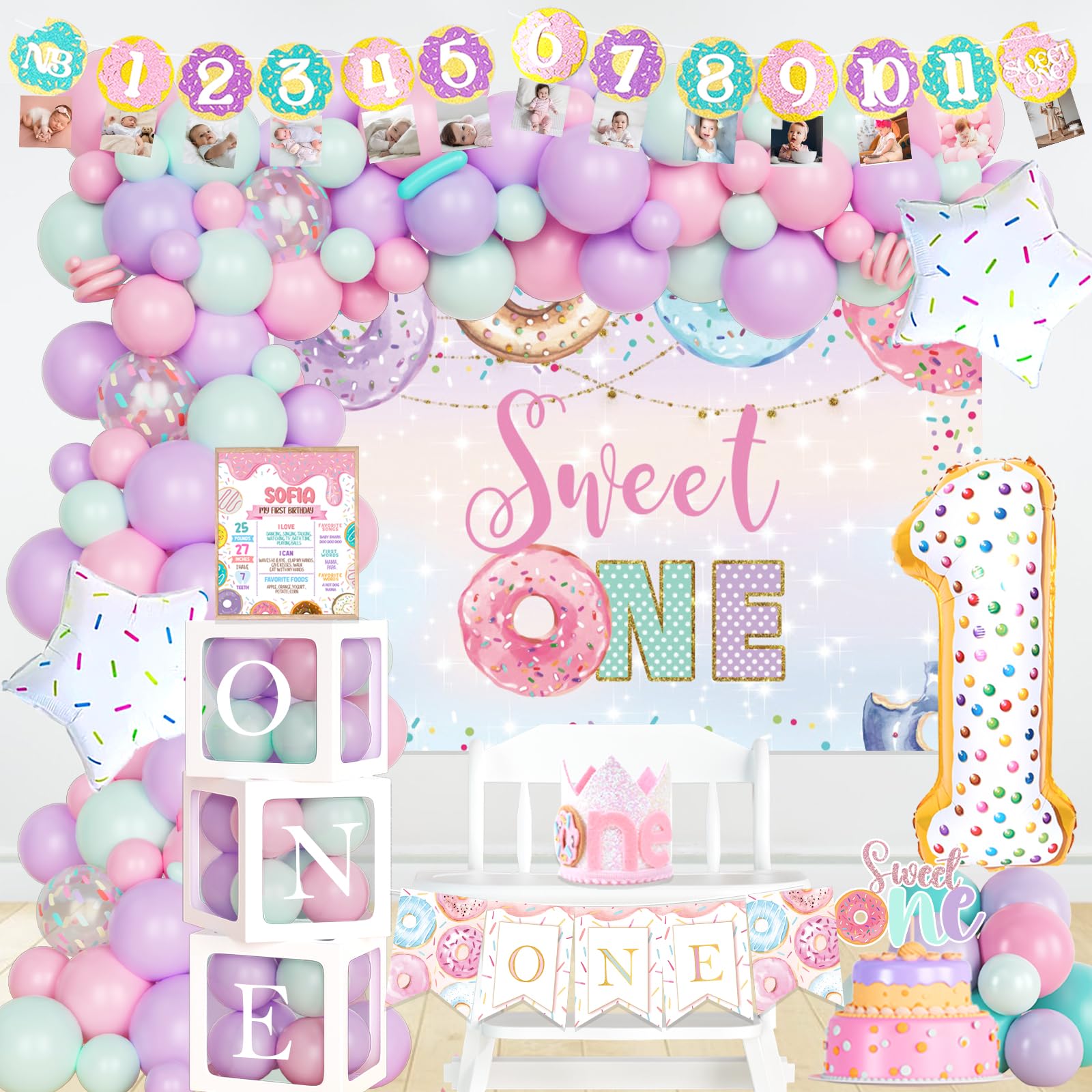 Sweet One Birthday Party Decorations Set - Donut Themed 1st Birthday Supplies for Girls with Backdrop, Balloons, Highchair Banner, Cake Topper, Crown & Posters | Pastel Pink Party Decor for Baby's First Birthday Celebration & Photo Shoots