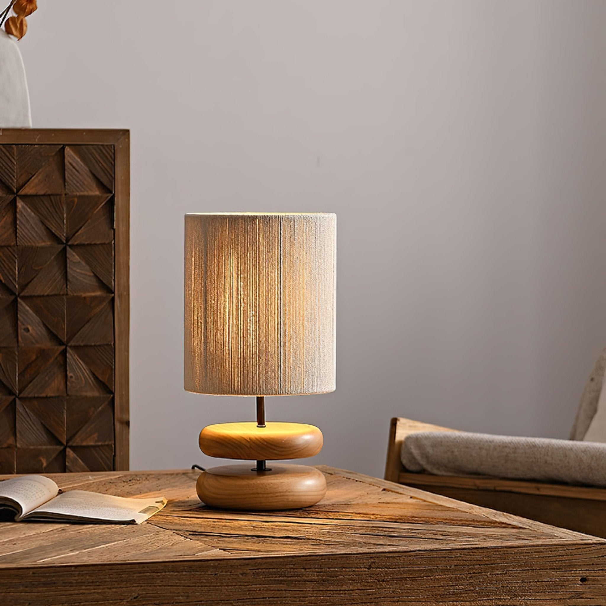 Modern Nora Wood Table Lamp - Handcrafted Solid Wood Base with Fabric Shade for Bedroom, Living Room & Office Decor