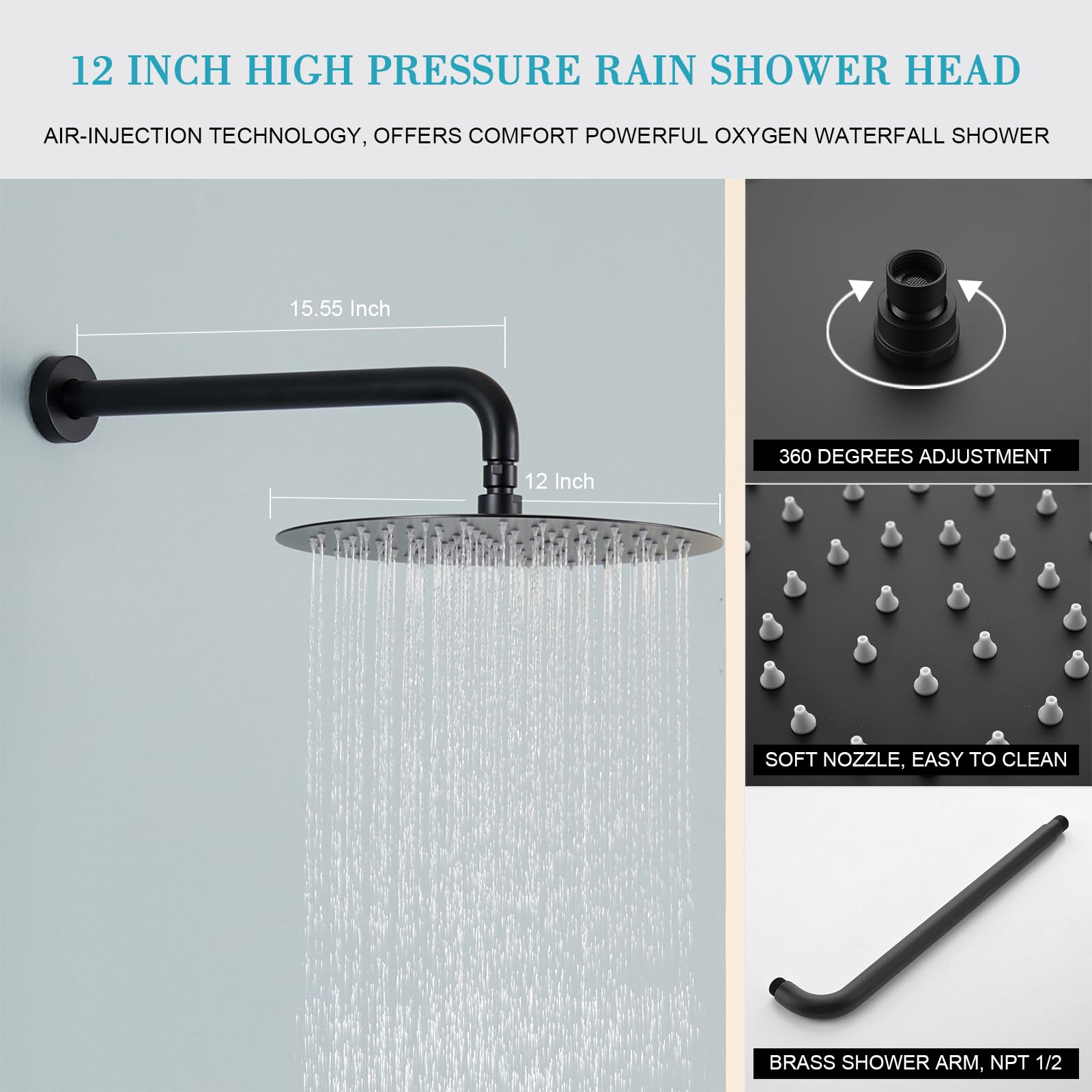 Matte Black Shower System - High Pressure Shower Faucet Set with 12 Inch Rainfall Shower Head & Handle, Brass Valve Bathroom Fixtures for Modern Home & Spa Experience