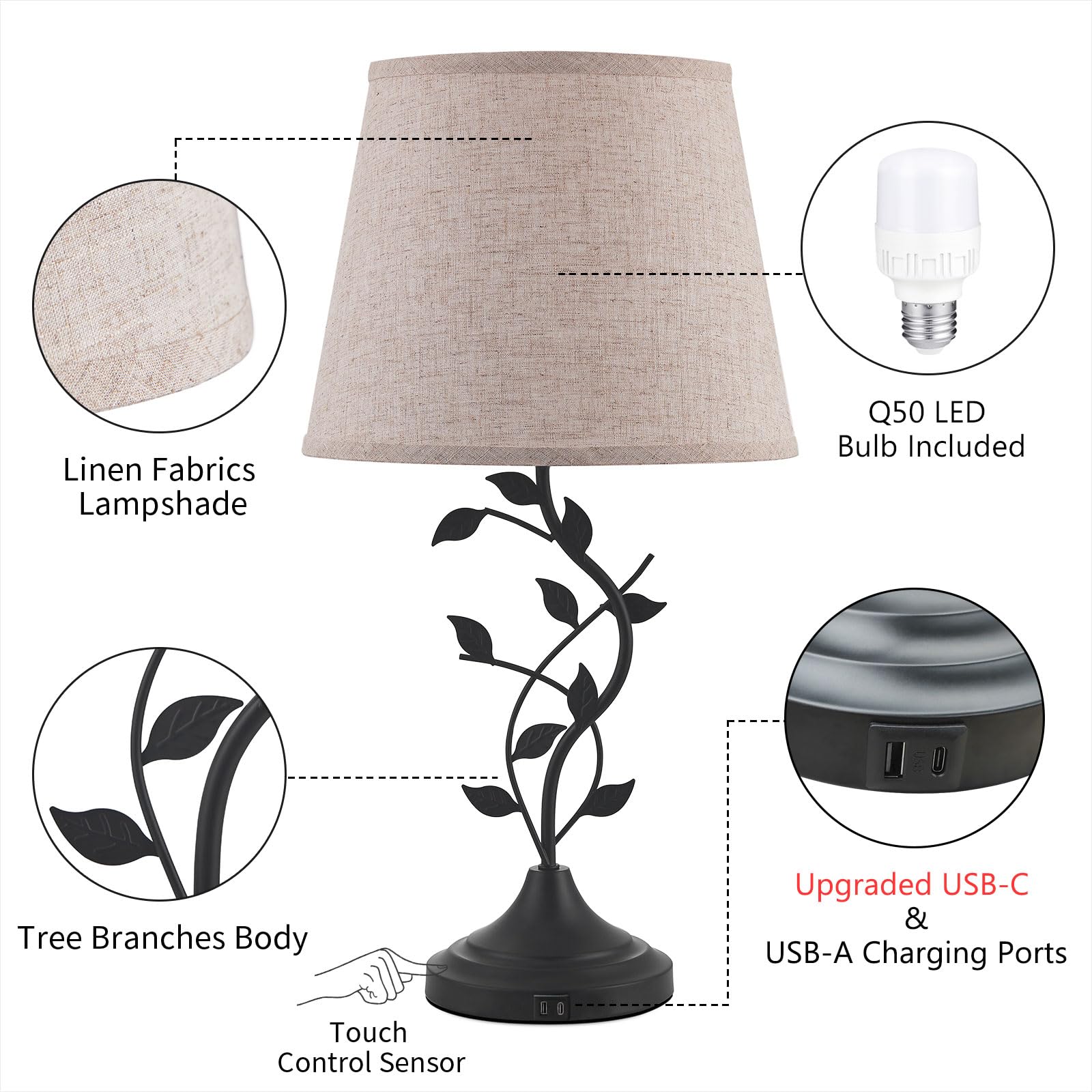 Kakanuo 3-Way Dimmable USB Touch Table Lamp with USB-C Charging Ports - Retro Nightstand Lamp for Bedroom, Living Room & Office - LED Bulb Included (Beige) | Perfect for Reading, Working & Creating Cozy Atmosphere