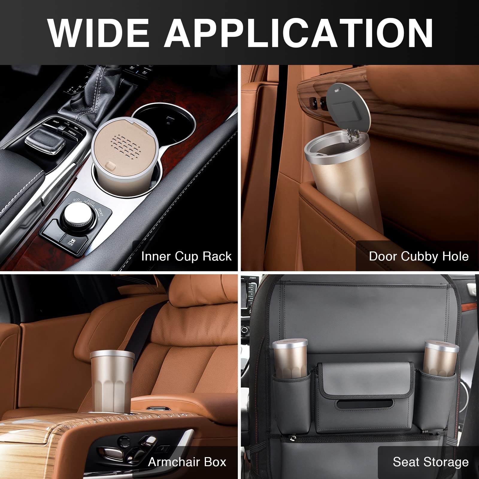 2PCS Car Trash Can with Lid - Leakproof Cup Holder Garbage Bin with 3 Fragrance Tablets, Press to Open Auto Trash Can for Vehicle, Home, Office & Travel - Perfect for Road Trips, Commuting & Daily Use (Gold)