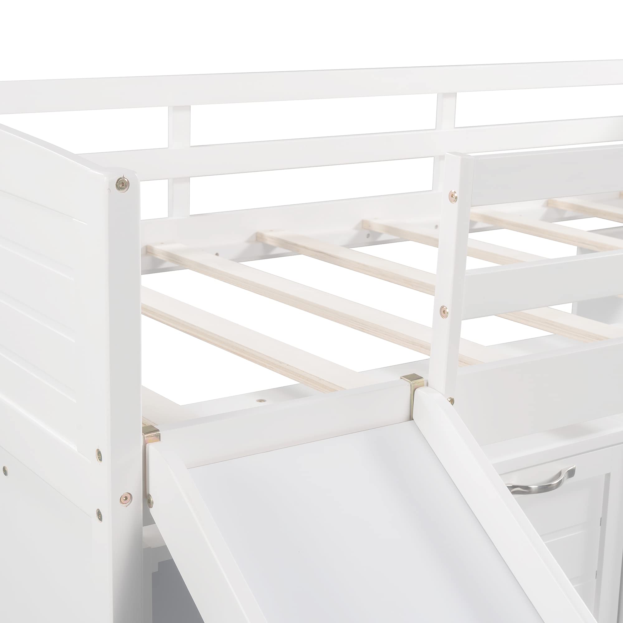 Harper & Bright Designs White Twin Size Kids Loft Bed with Slide, Storage Cabinet Drawers & Bookshelves - Low Loft Bed Frame for Boys & Girls (No Box Spring Needed) - Perfect for Small Bedrooms, Playrooms & Space-Saving Kids' Rooms