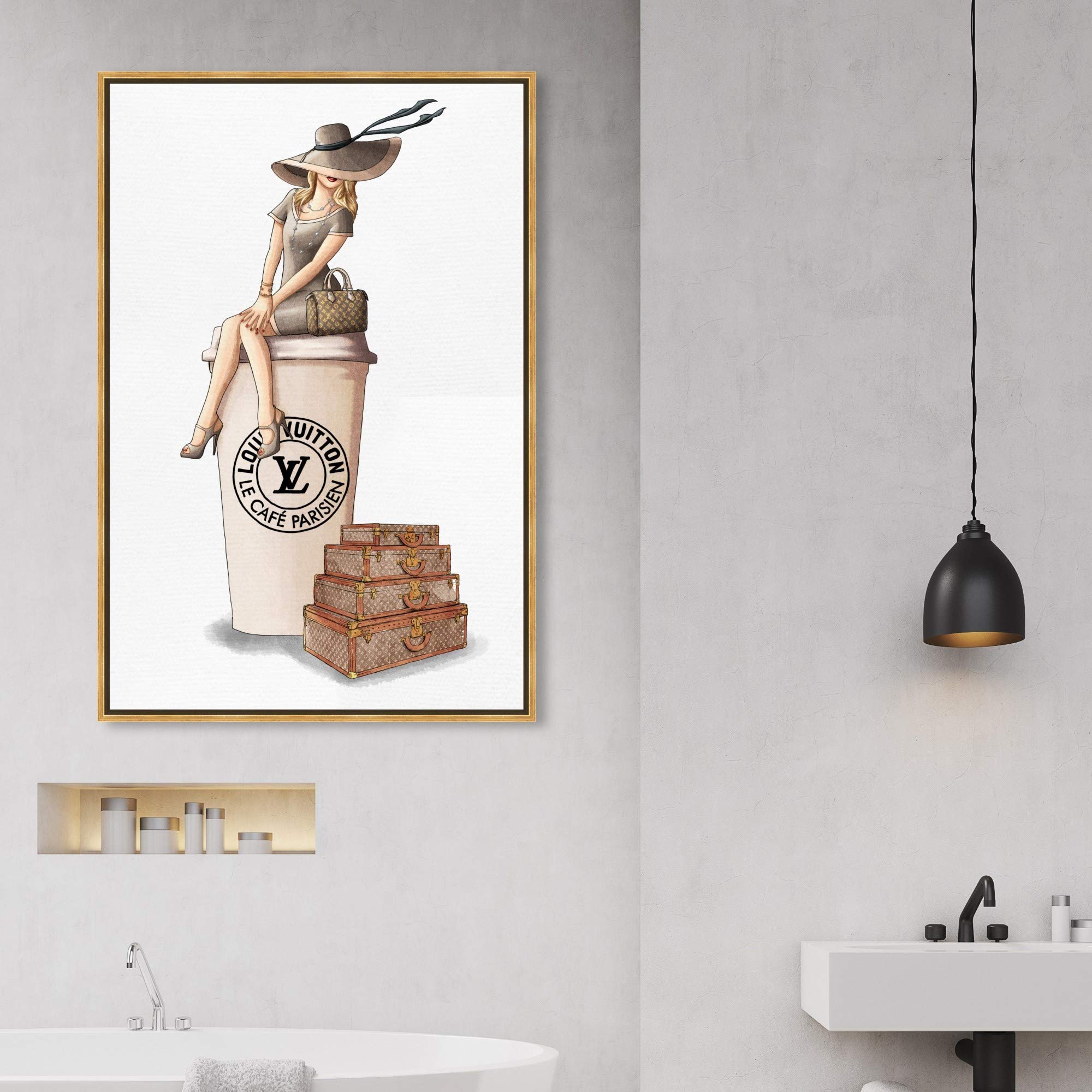 Oliver Gal Artist Co. 'Cafe au Lait Paris' Fashion Wall Art Print - 30x45 Inch Brown Framed Canvas - Handbag & Glam Decor for Living Room, Bedroom, Office