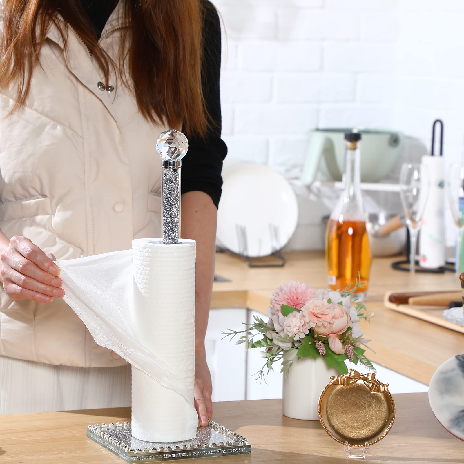 Sparkly Crystal Paper Towel Holder with Diamond Decor - 13 Inch Square Base Standing Towel Roll Stand for Kitchen, Bathroom & Dining Room - Perfect for Home, Office & Restaurant Use