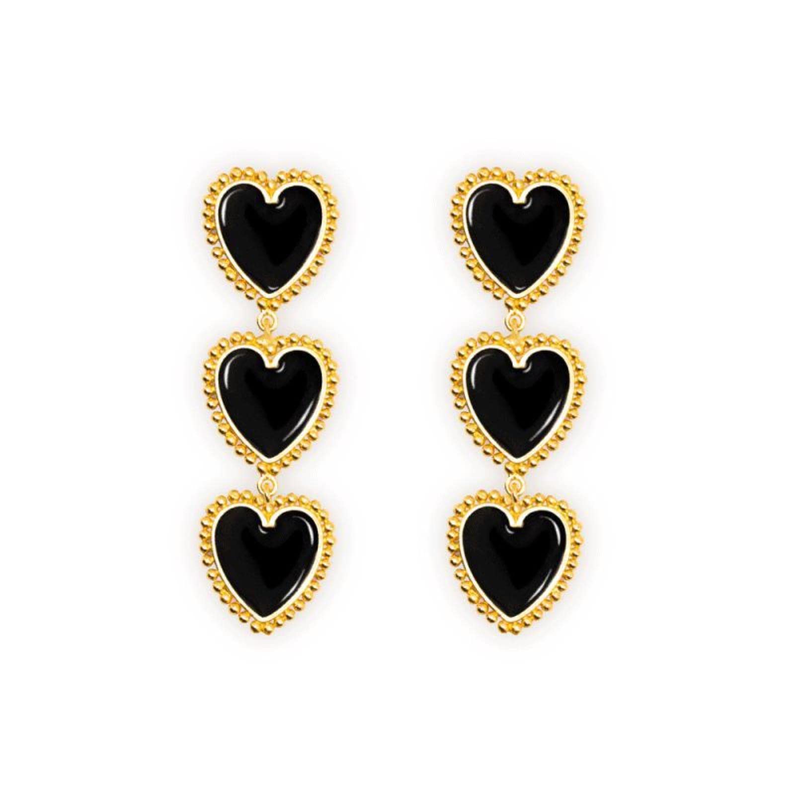 YNAHWT Women's Three Heart Chain Long Dangle Earrings - Red, Black & White Heart Statement Jewelry with Gold Enamel | Perfect for Valentine's Day, Date Night & Special Occasions